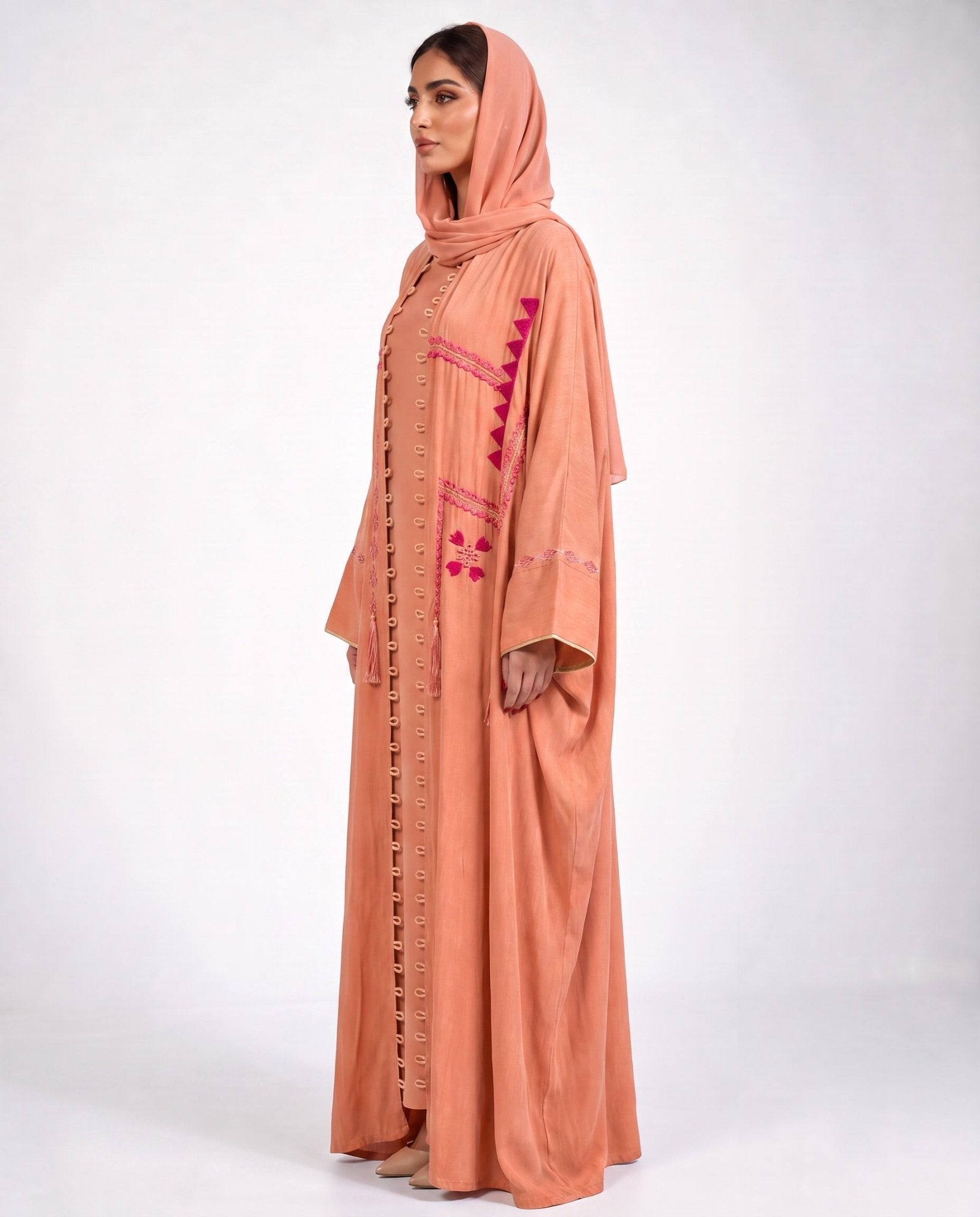 111101015 – Salmon Washed Silk Abaya - LULU LINE - MIRA Y MANO