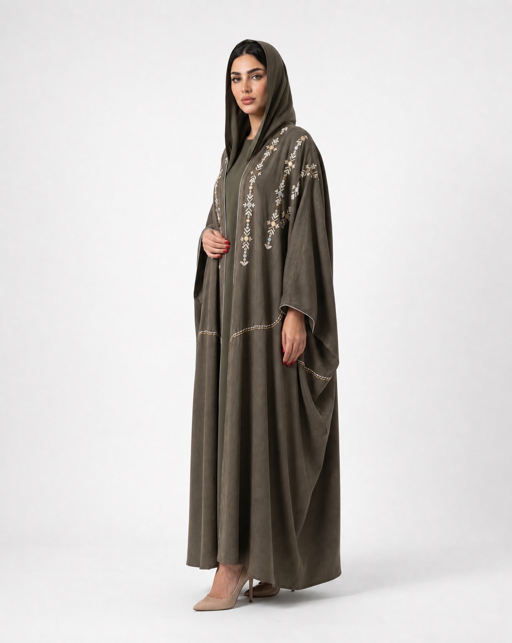 11110105 – Olive Washed Silk Abaya - LULU LINE - MIRA Y MANO