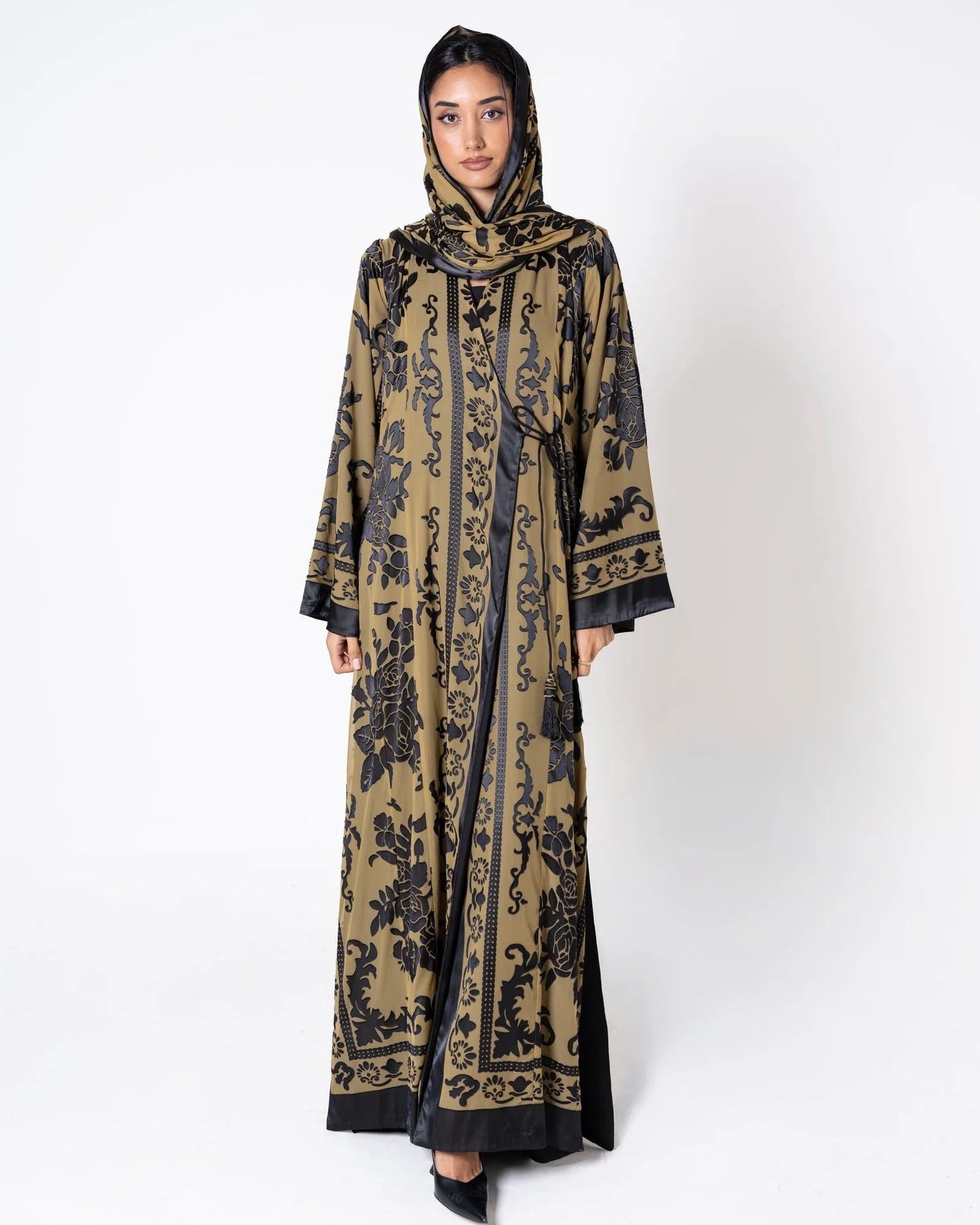 LNO537 - Dark Goldenrod Chiffon Abaya - LUNA COUTURE - MIRA Y MANO