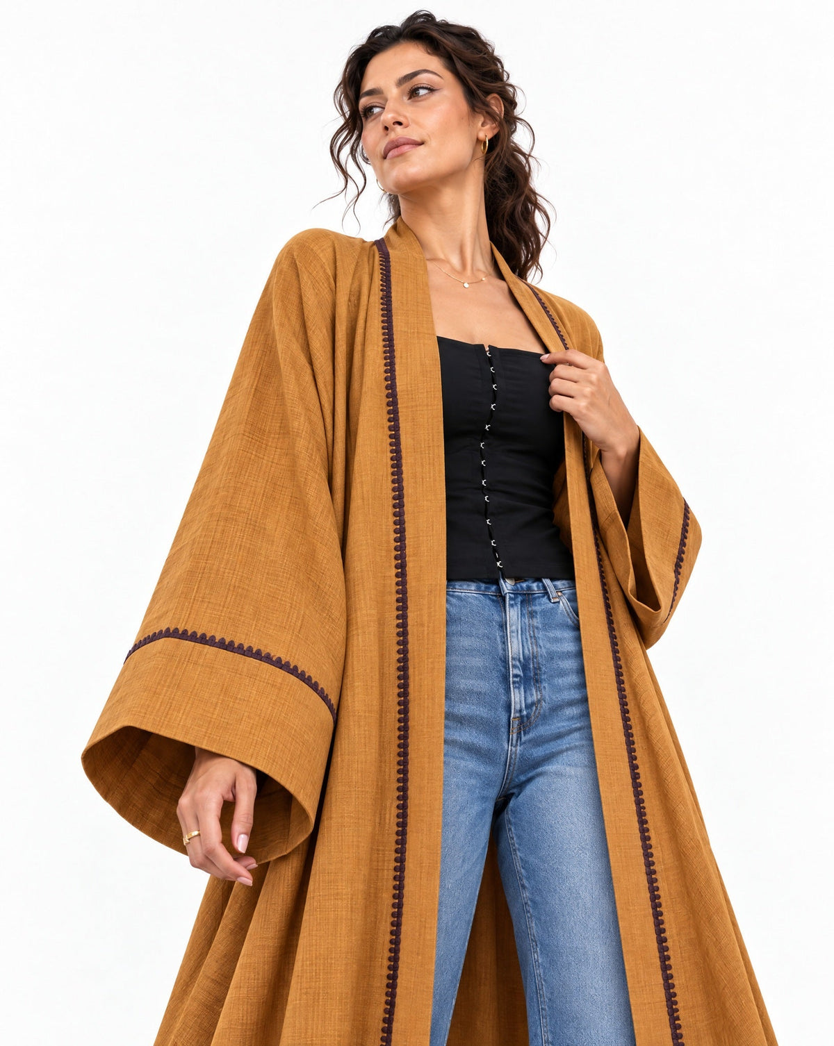 Linen Golden Rod Abaya - MAISON MAJ - MIRA Y MANO