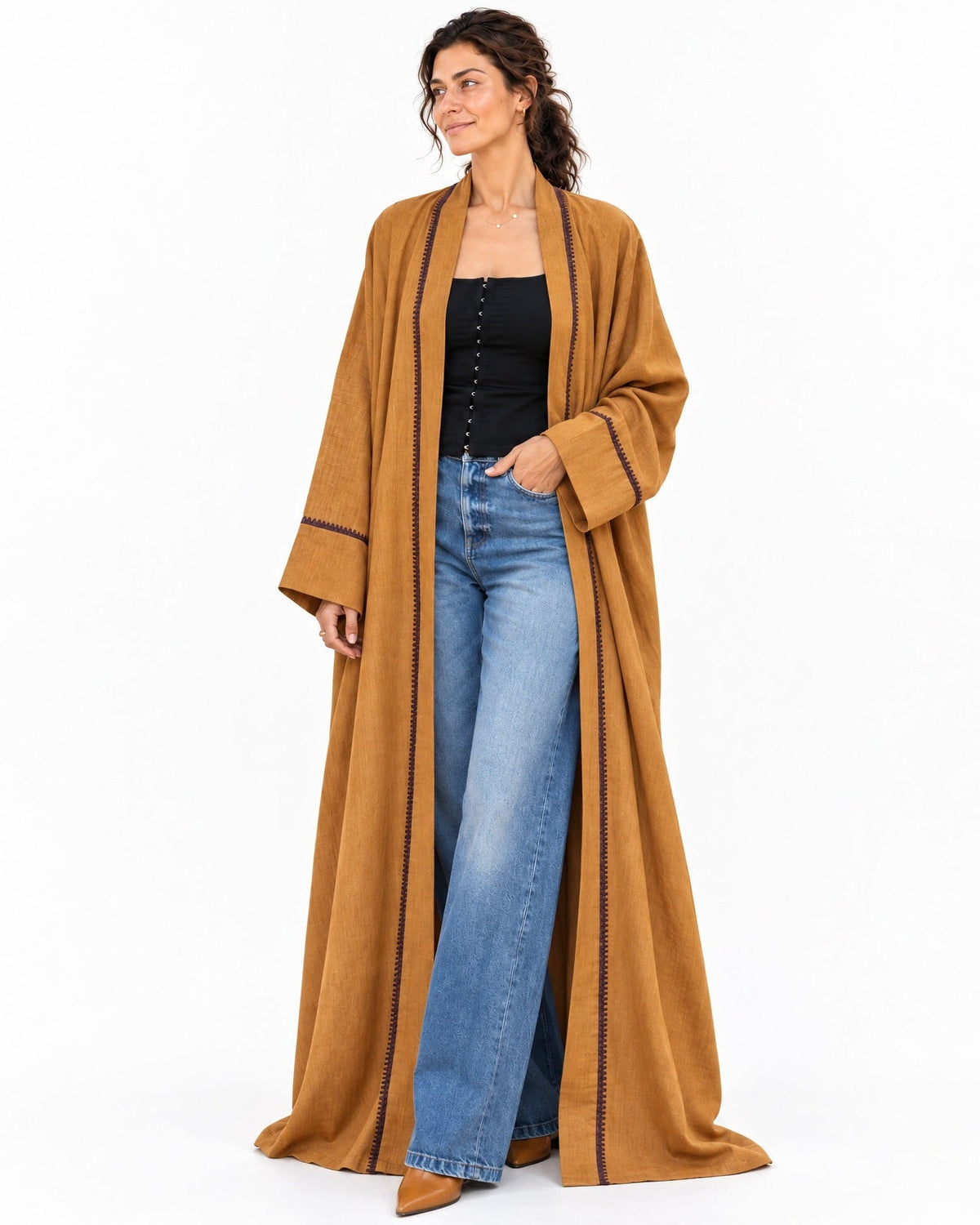 Linen Golden Rod Abaya - MAISON MAJ - MIRA Y MANO
