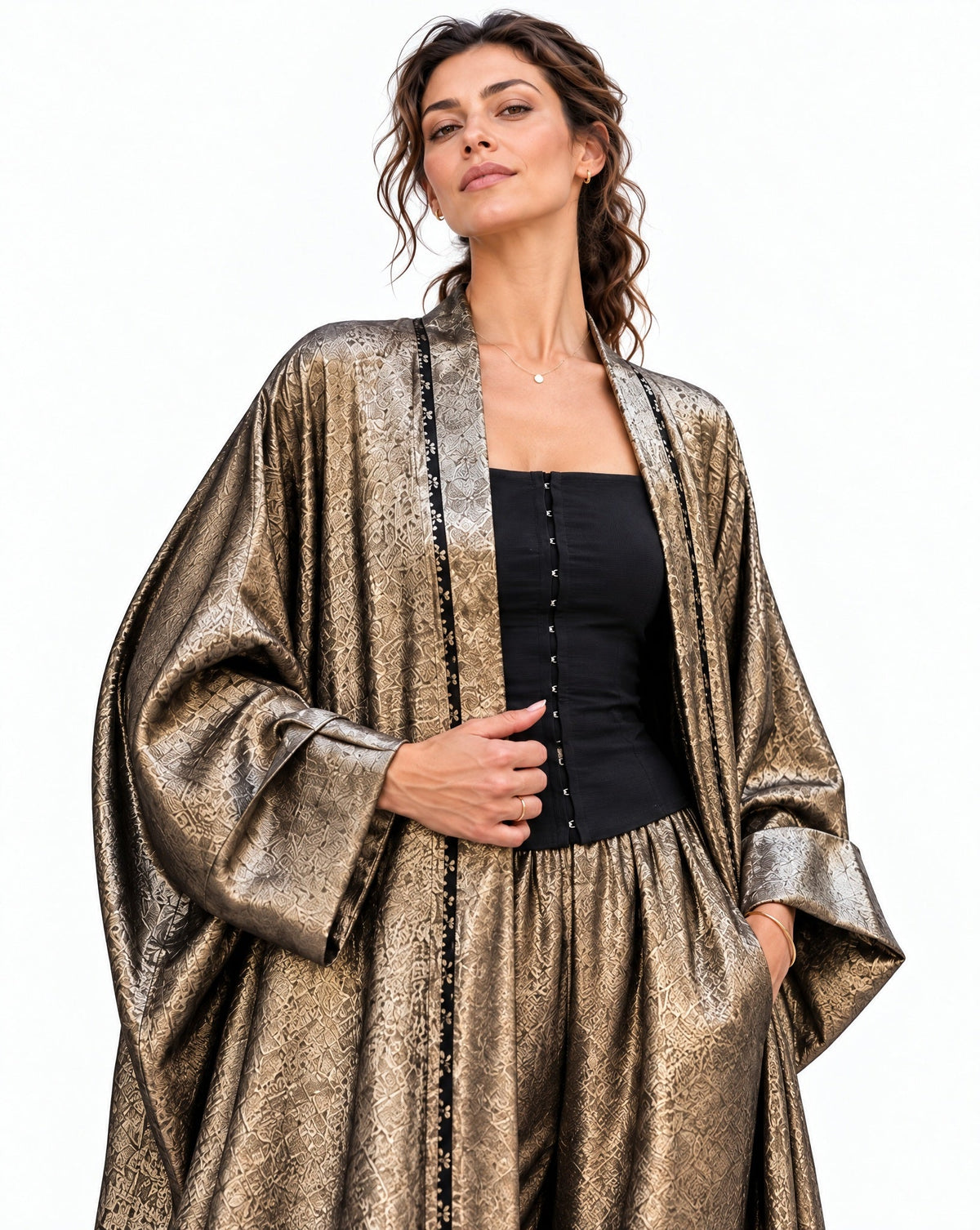 Lurex Golden Silk Abaya Set - MAISON MAJ - MIRA Y MANO