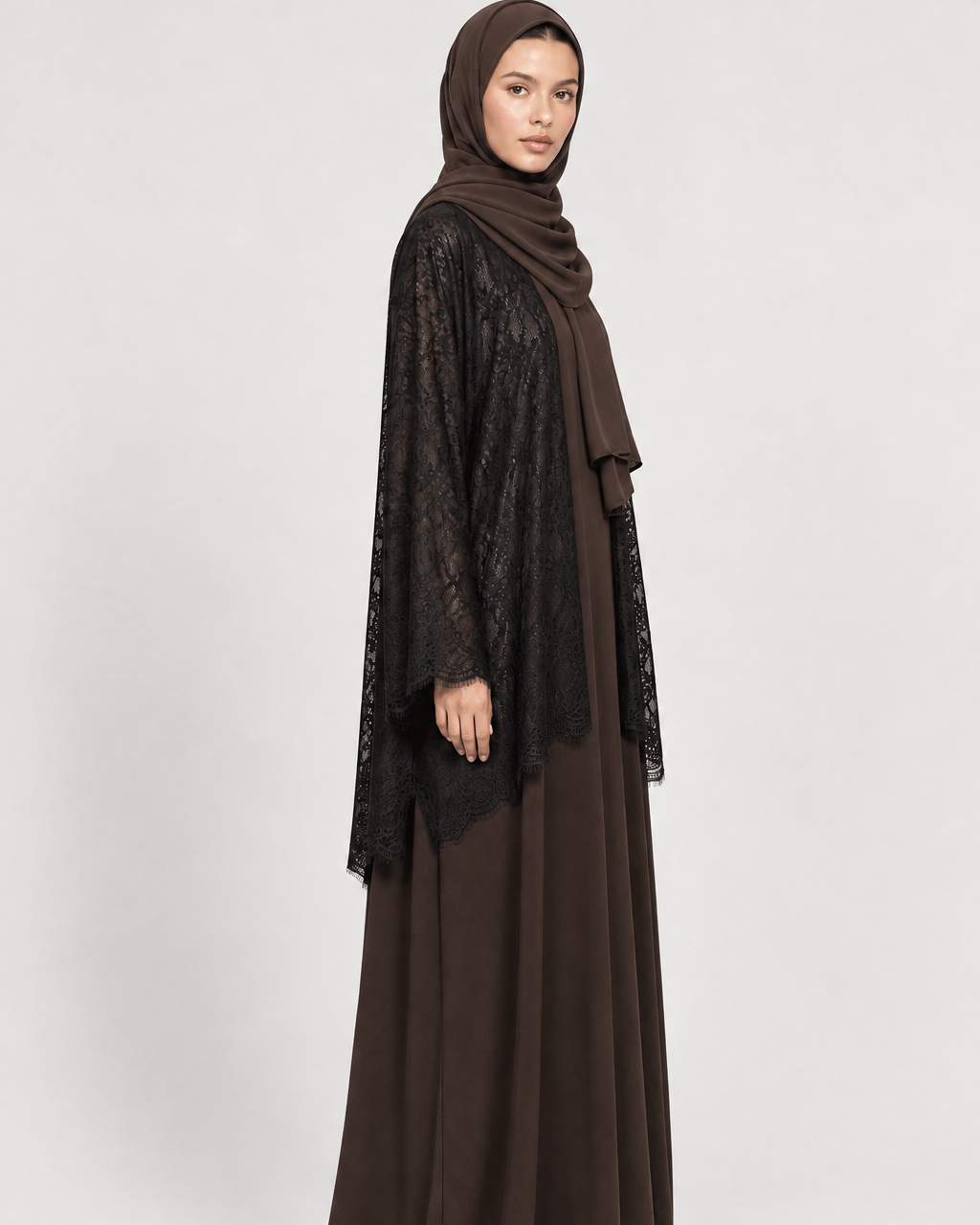 1/2 Lace BR – Brown Crepe Abaya – Product image 3
