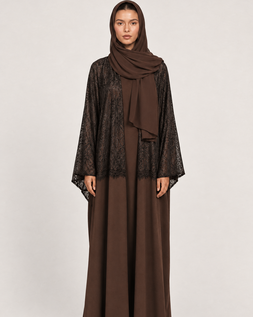 1/2 Lace BR – Brown Crepe Abaya – Product image 1