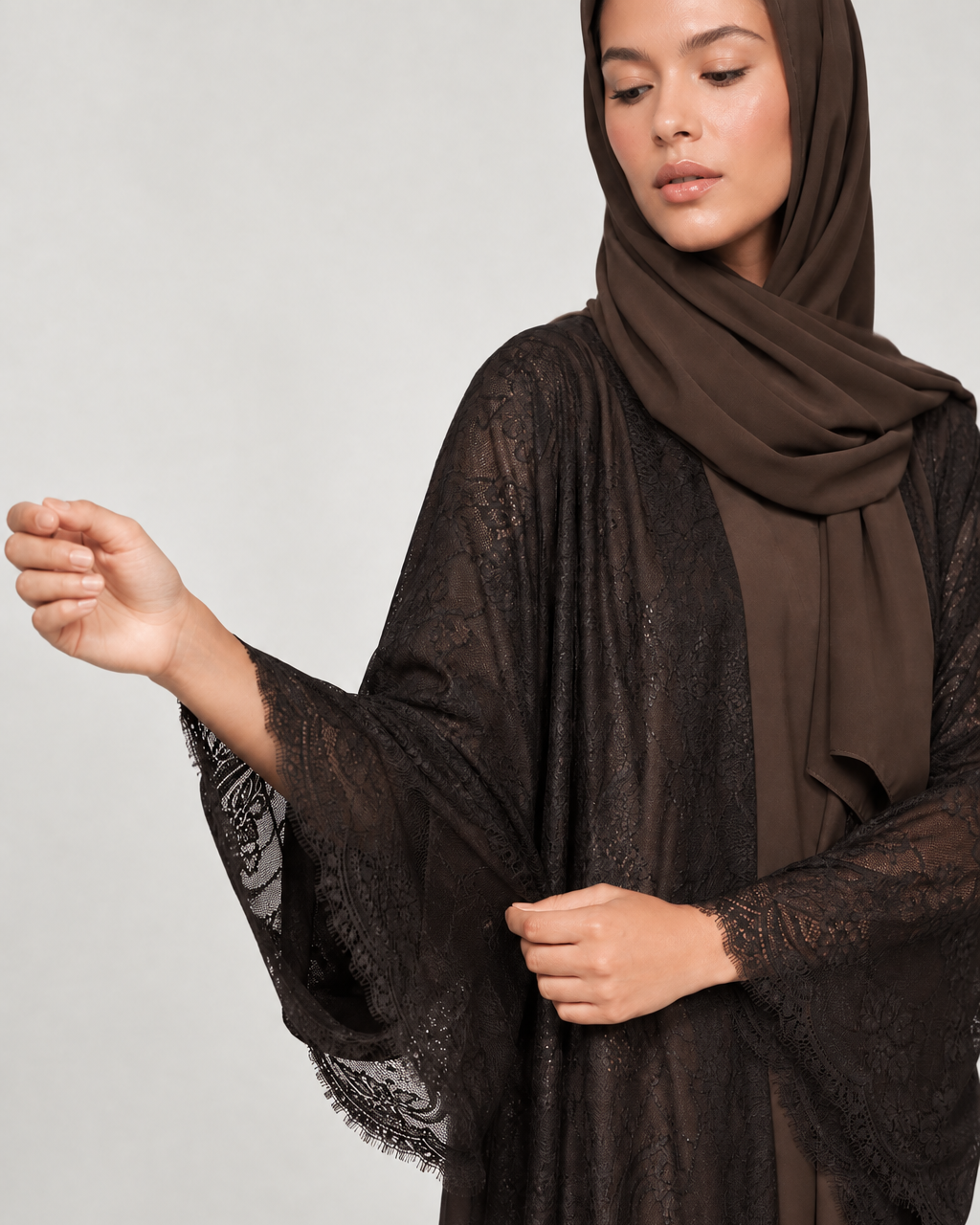 1/2 Lace BR – Brown Crepe Abaya – Product image 2
