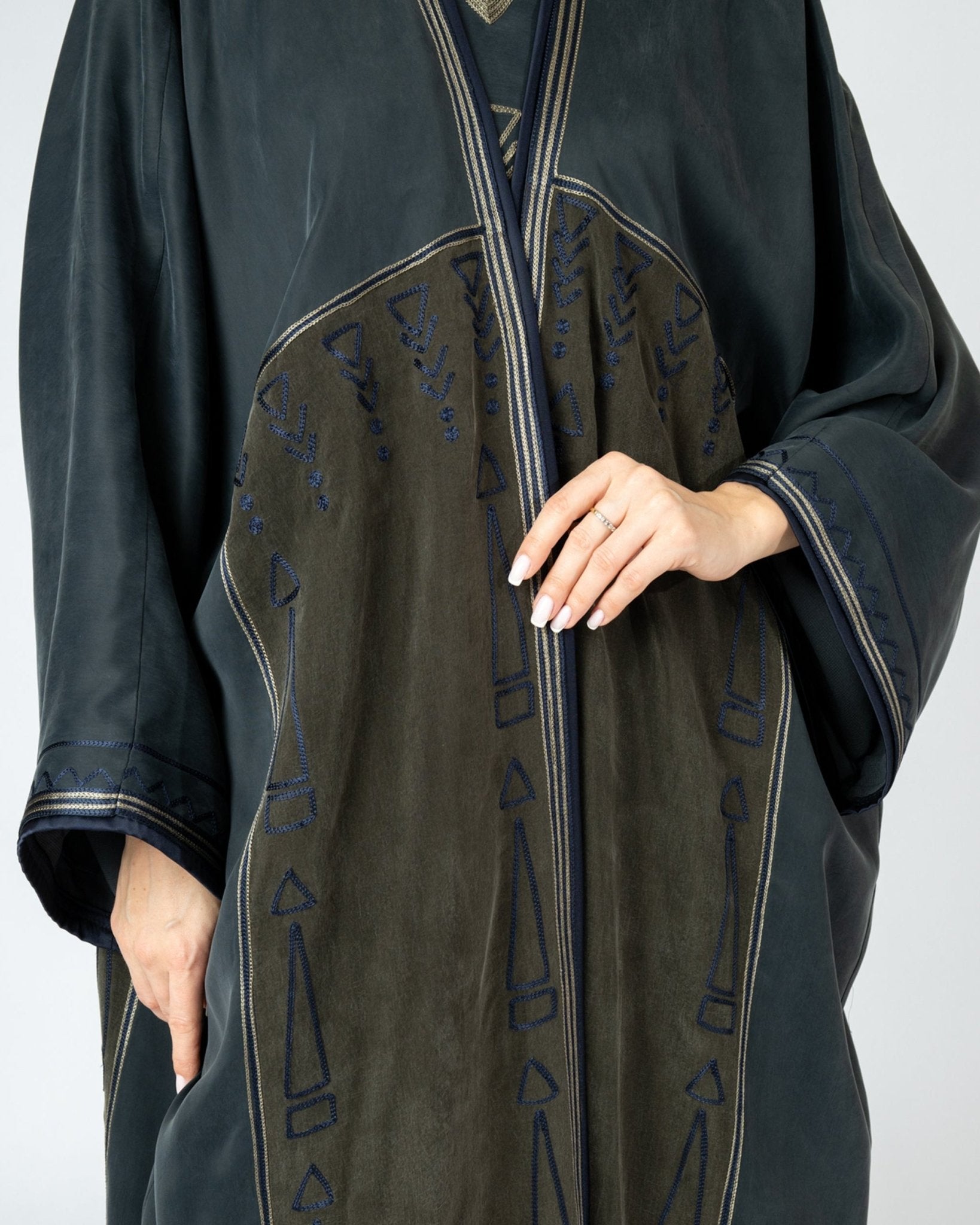 MRAAS2642 - Dark Olive Green Washed Silk Abaya Set - MRAISHA - MIRA Y MANO