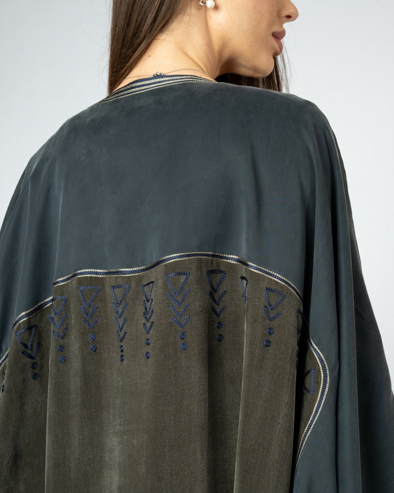 MRAAS2642 - Dark Olive Green Washed Silk Abaya Set - MRAISHA - MIRA Y MANO