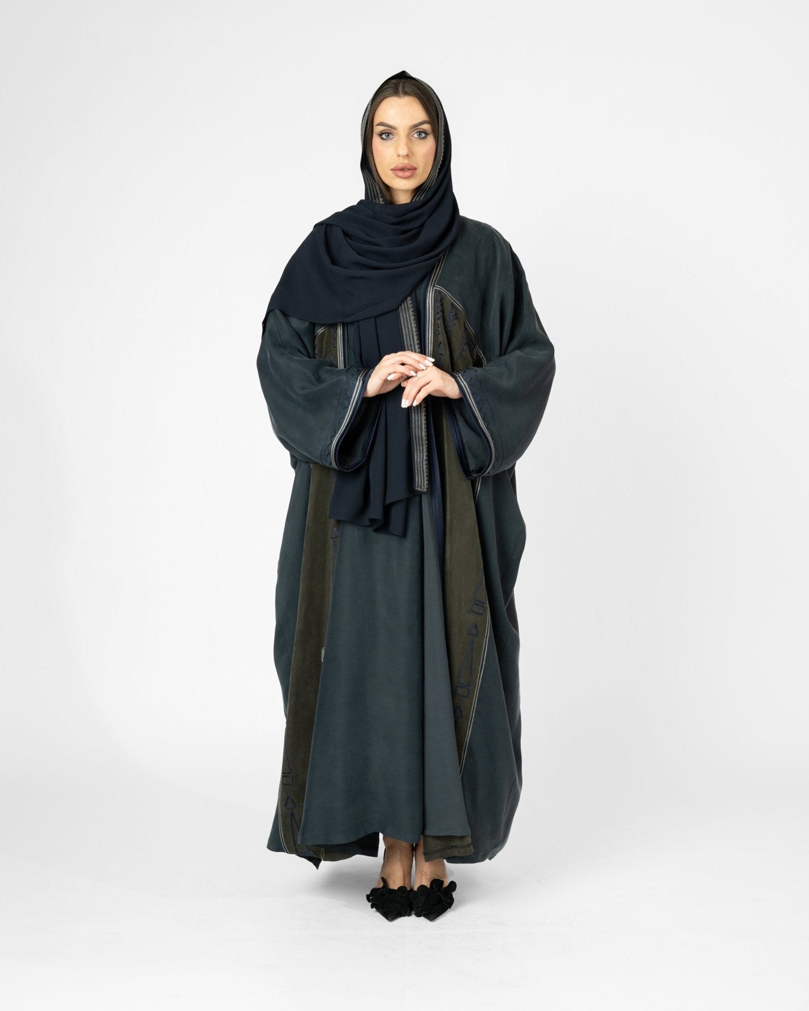 MRAAS2642 - Dark Olive Green Washed Silk Abaya Set - MRAISHA - MIRA Y MANO