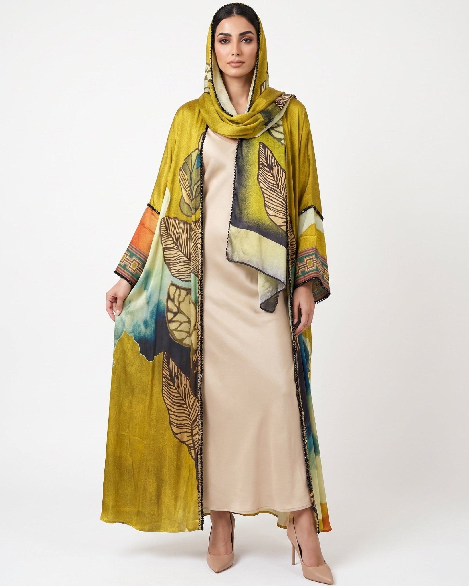 SS26MULS13 - Printed Cotton Silk Abaya - MULAKAAT - MIRA Y MANO