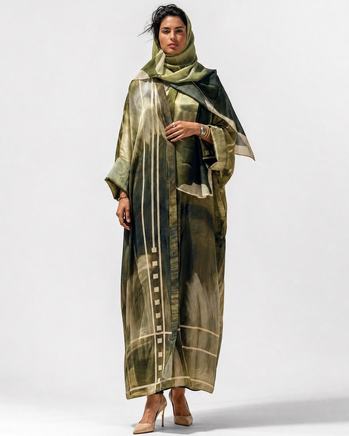 SS26MULS16 - Printed Cotton Silk Abaya - MULAKAAT - MIRA Y MANO