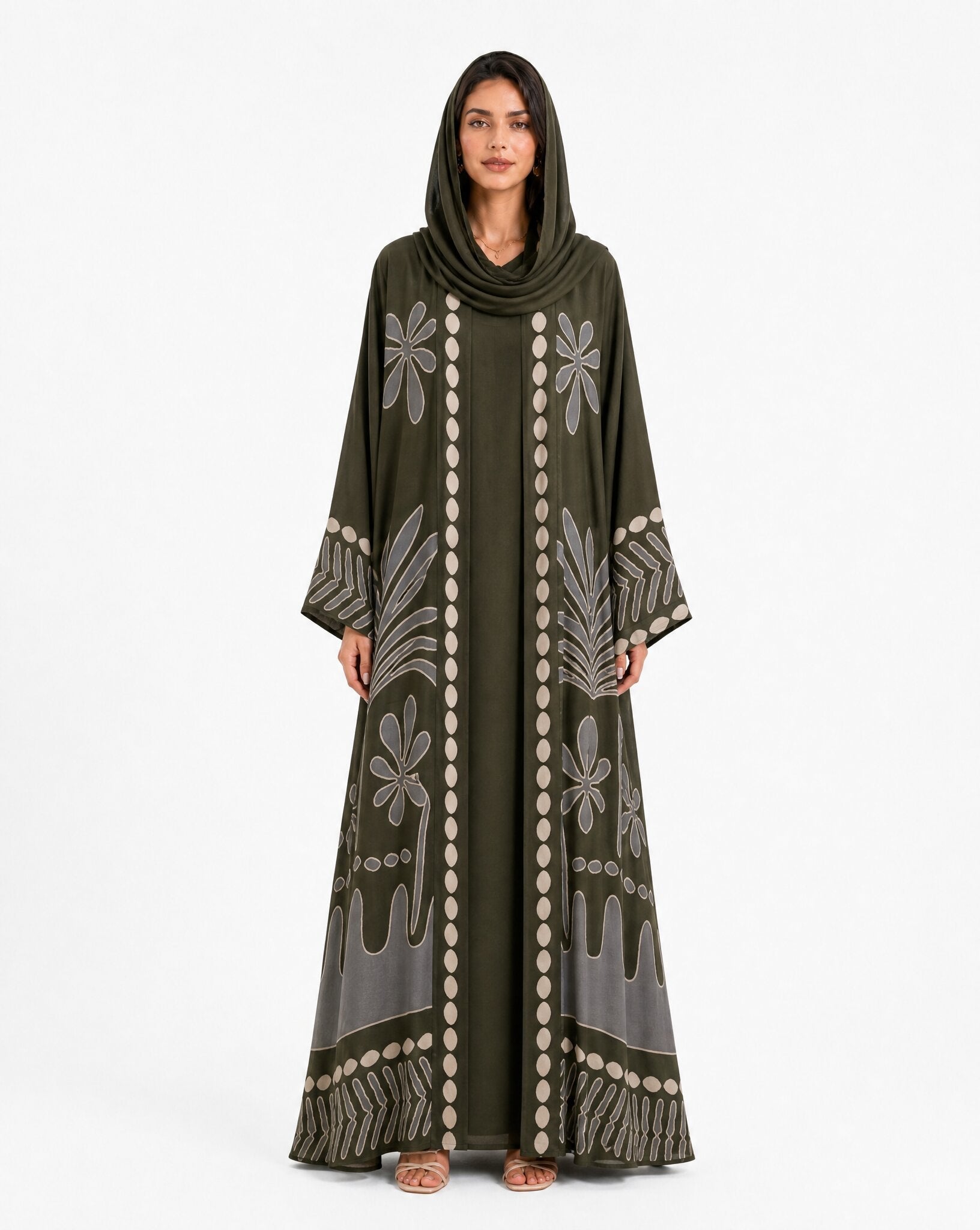 BOTANIKA-DOG – Dark Olive Green Crepe Abaya - ORANGE BLOSSOM - MIRA Y MANO