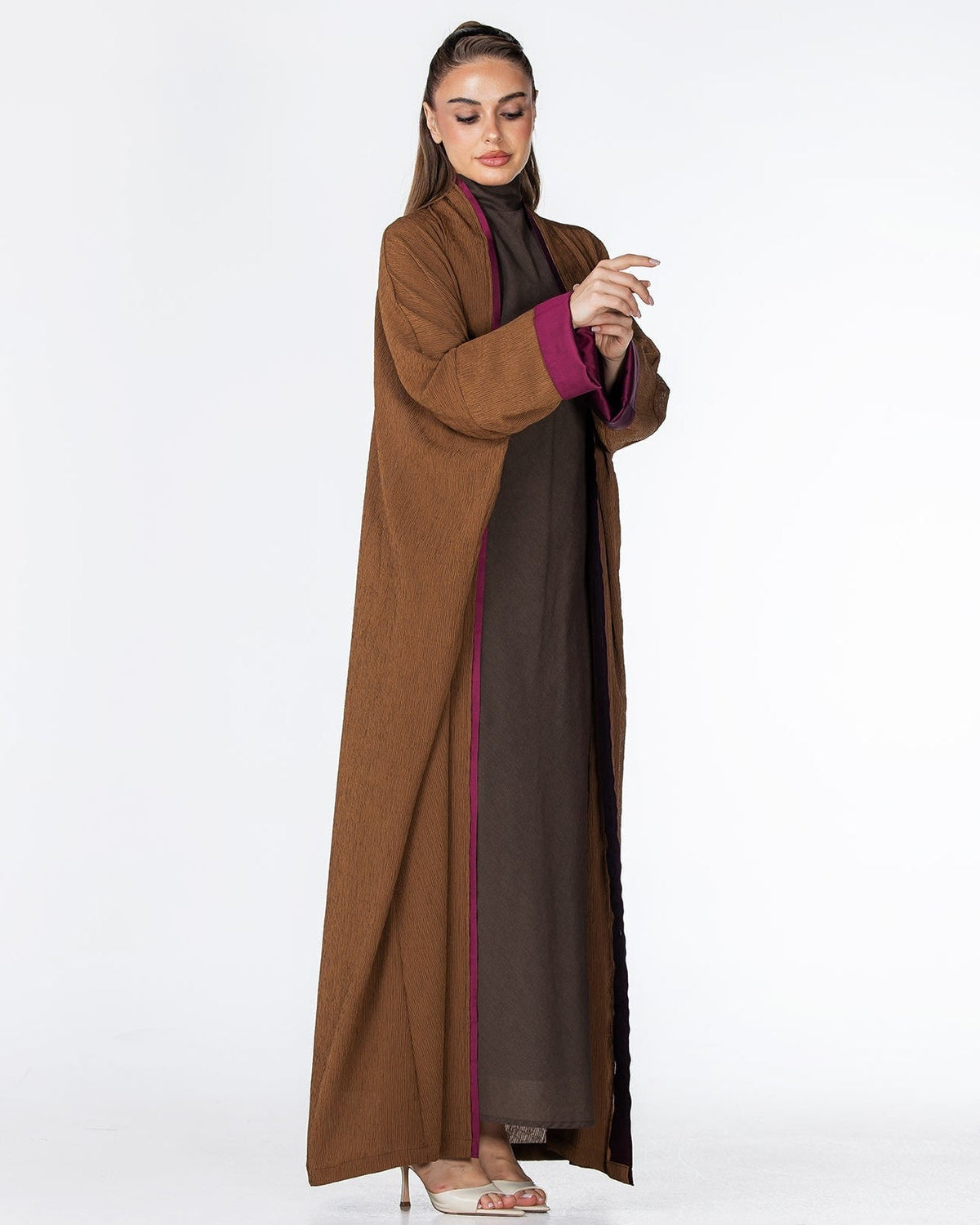 CHERRY-SB – Saddle Brown Crepe Abaya - ORANGE BLOSSOM - MIRA Y MANO