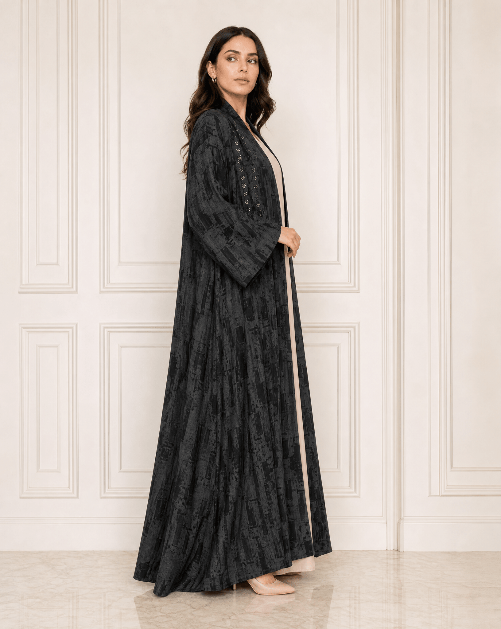 CLARA LUX-BK - Black Washed Silk Abaya - ORANGE BLOSSOM - MIRA Y MANO