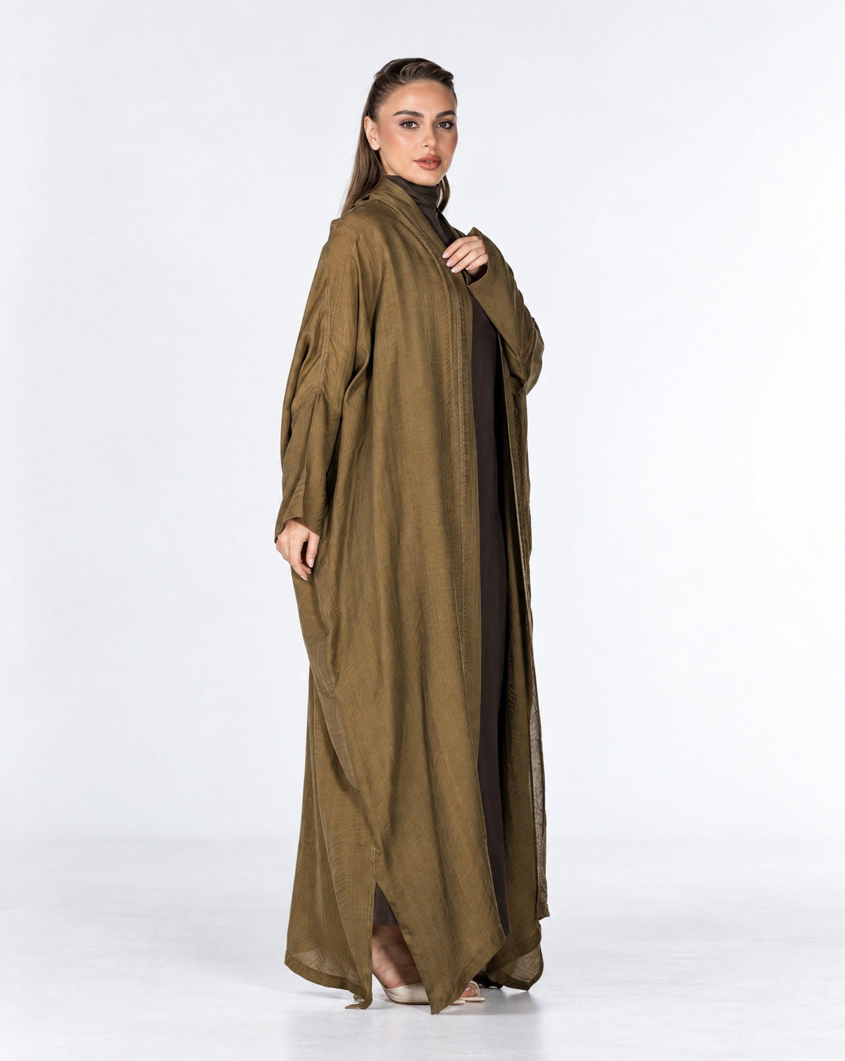 Copper 2.0 – Olive Viscose Linen Abaya - ORANGE BLOSSOM - MIRA Y MANO
