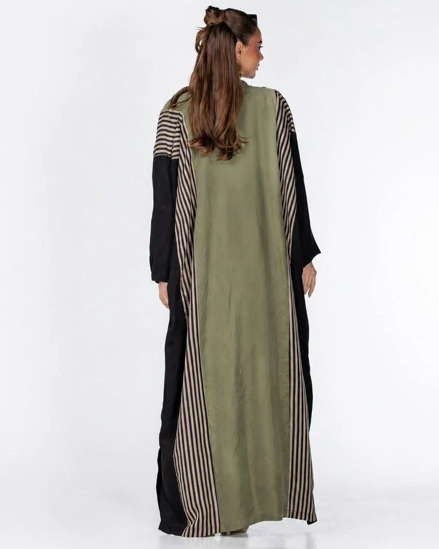 ECLIPSE-931 - Olive Drab Washed Silk Abaya - ORANGE BLOSSOM - MIRA Y MANO