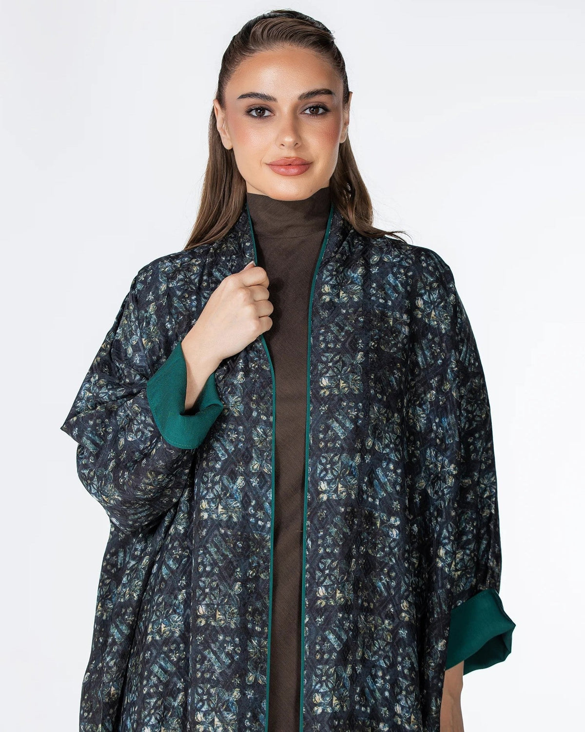 Kashmir – Teal Jacquard Abaya - ORANGE BLOSSOM - MIRA Y MANO
