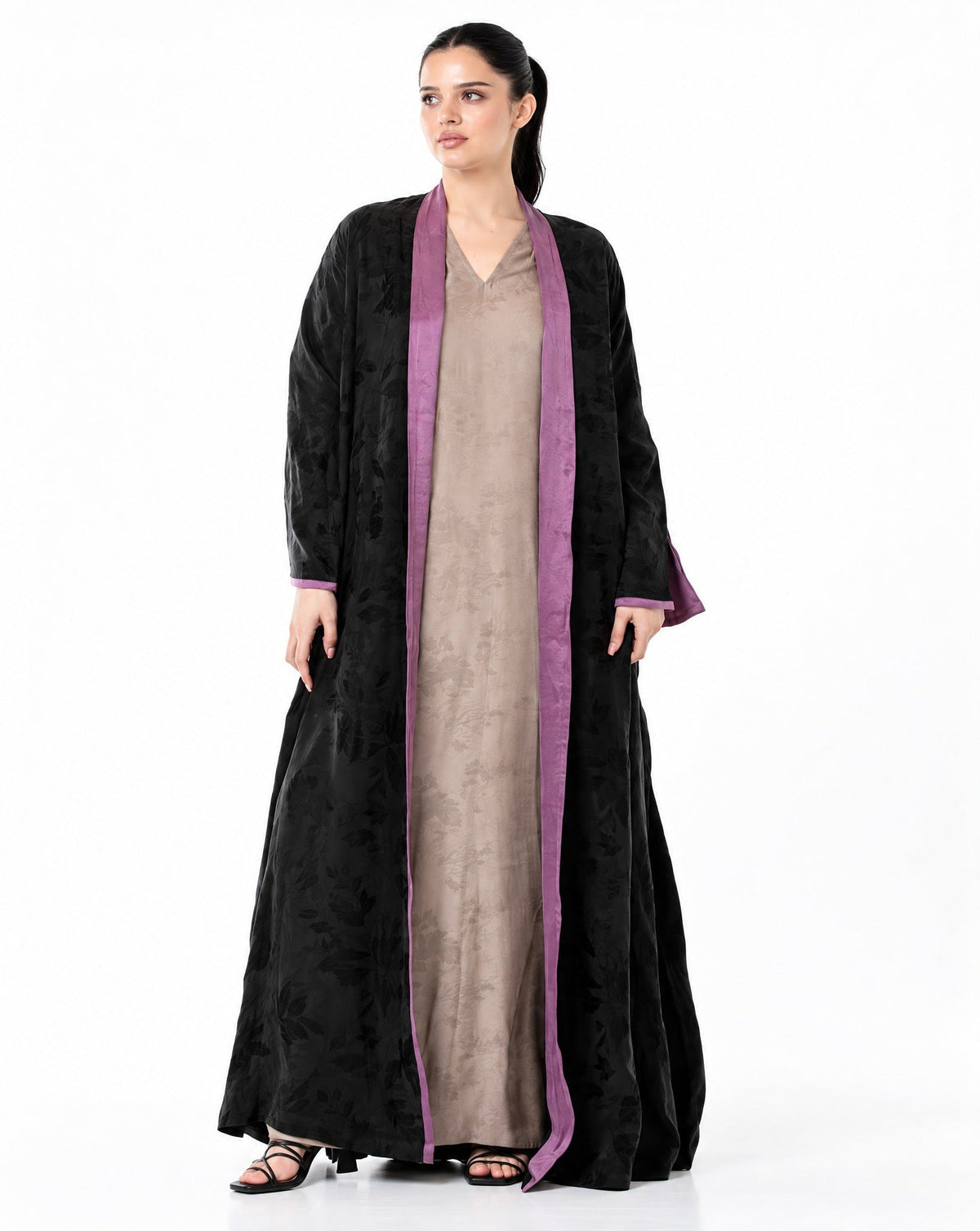 RAYA-BK – Black Washed Silk Abaya - ORANGE BLOSSOM - MIRA Y MANO