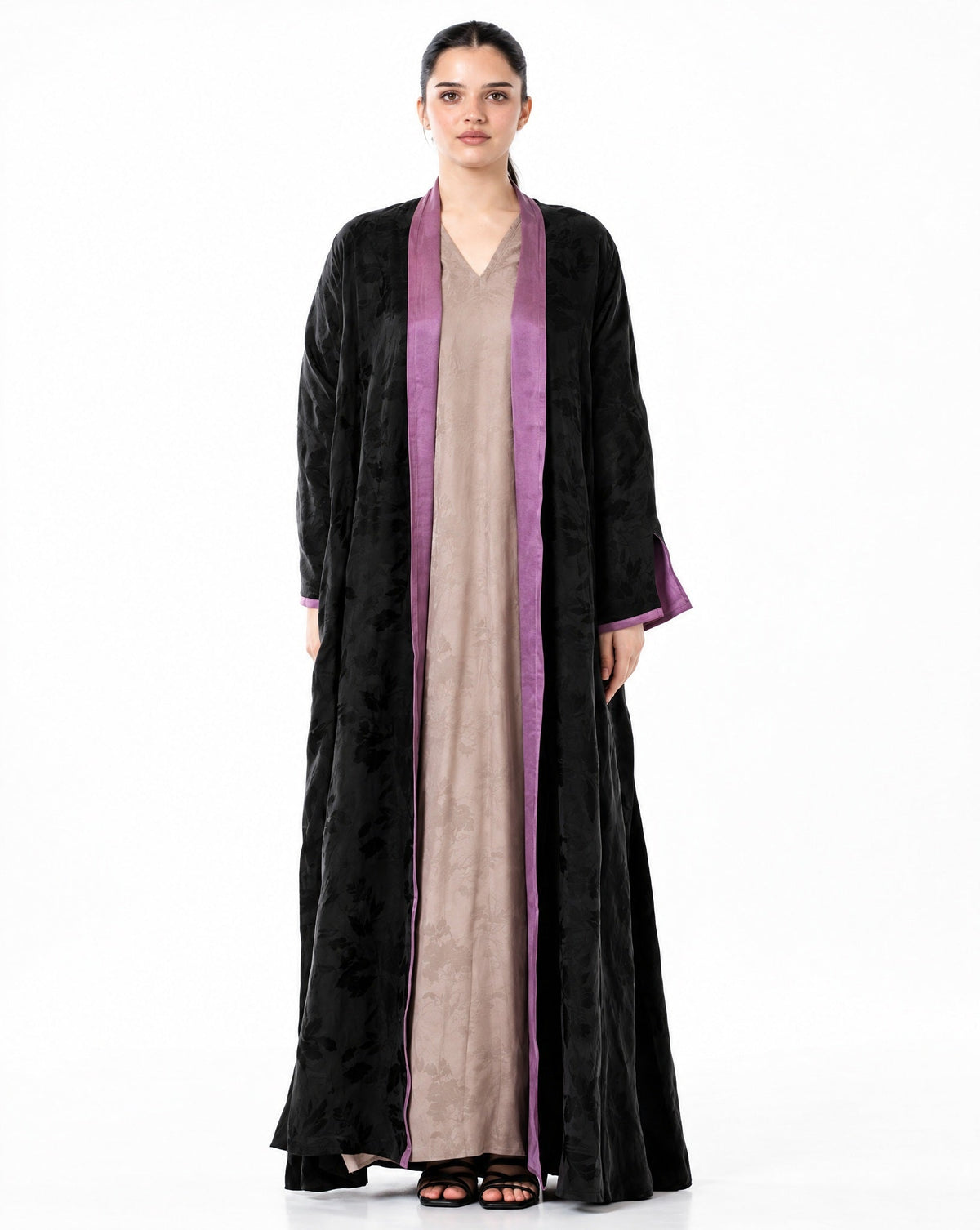 RAYA-BK – Black Washed Silk Abaya - ORANGE BLOSSOM - MIRA Y MANO