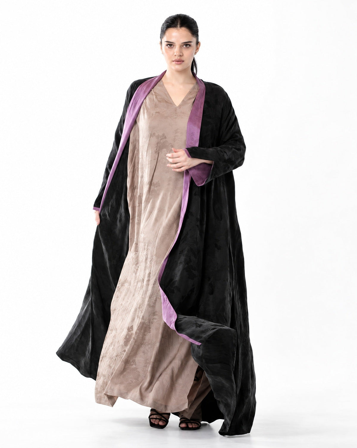RAYA-BK – Black Washed Silk Abaya - ORANGE BLOSSOM - MIRA Y MANO