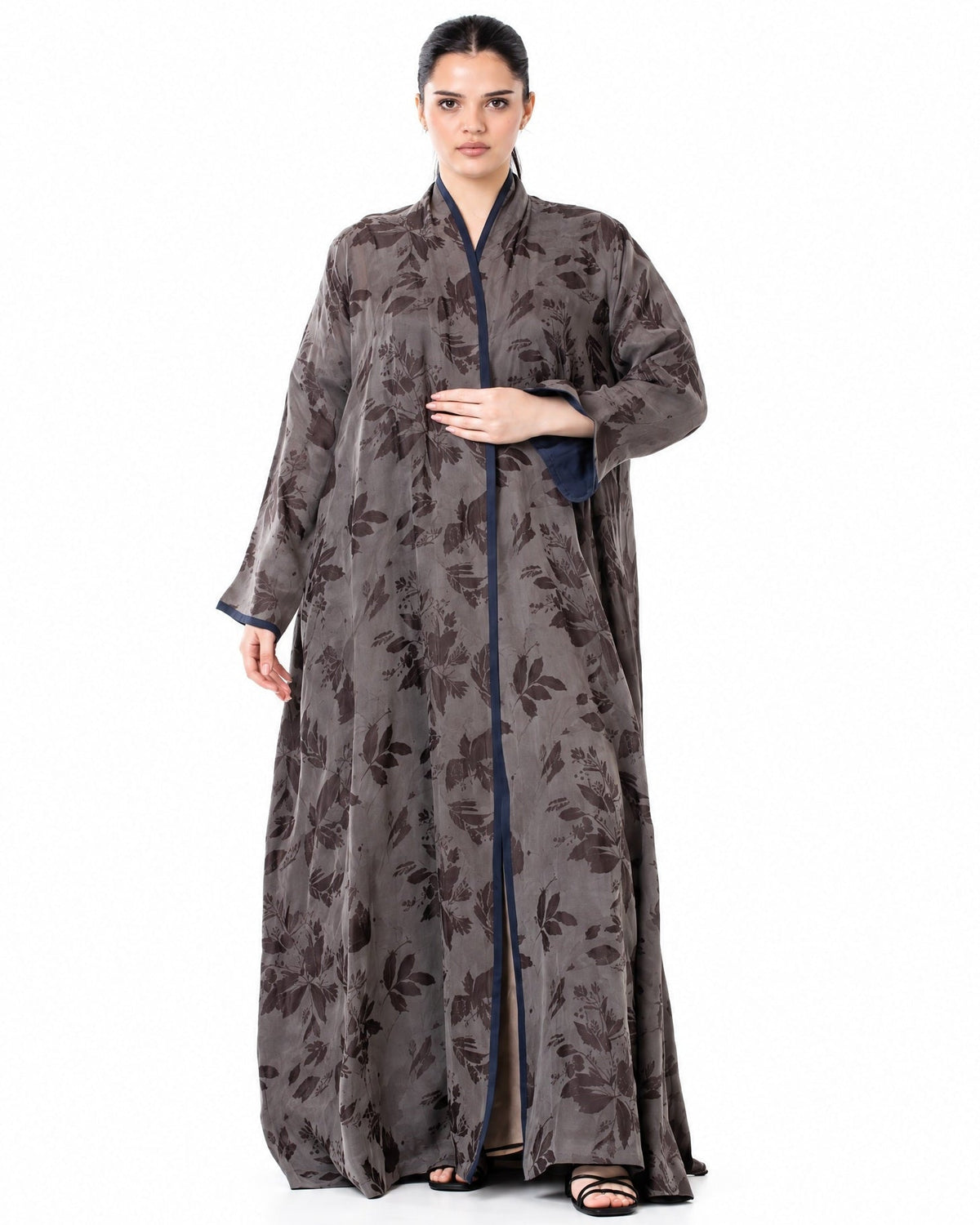 RAYA-GR – Grey Washed Silk Abaya - ORANGE BLOSSOM - MIRA Y MANO