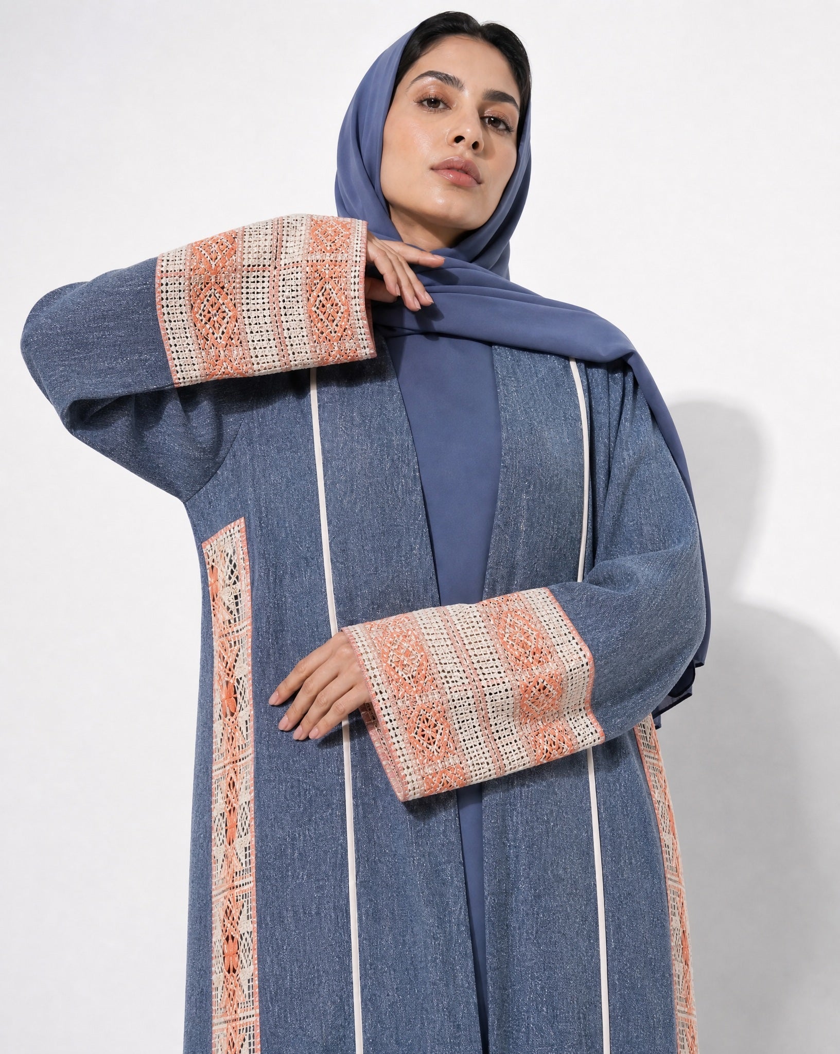 3399180-B Steel Blue Linen Abaya - PEARL COLLECTION - MIRA Y MANO