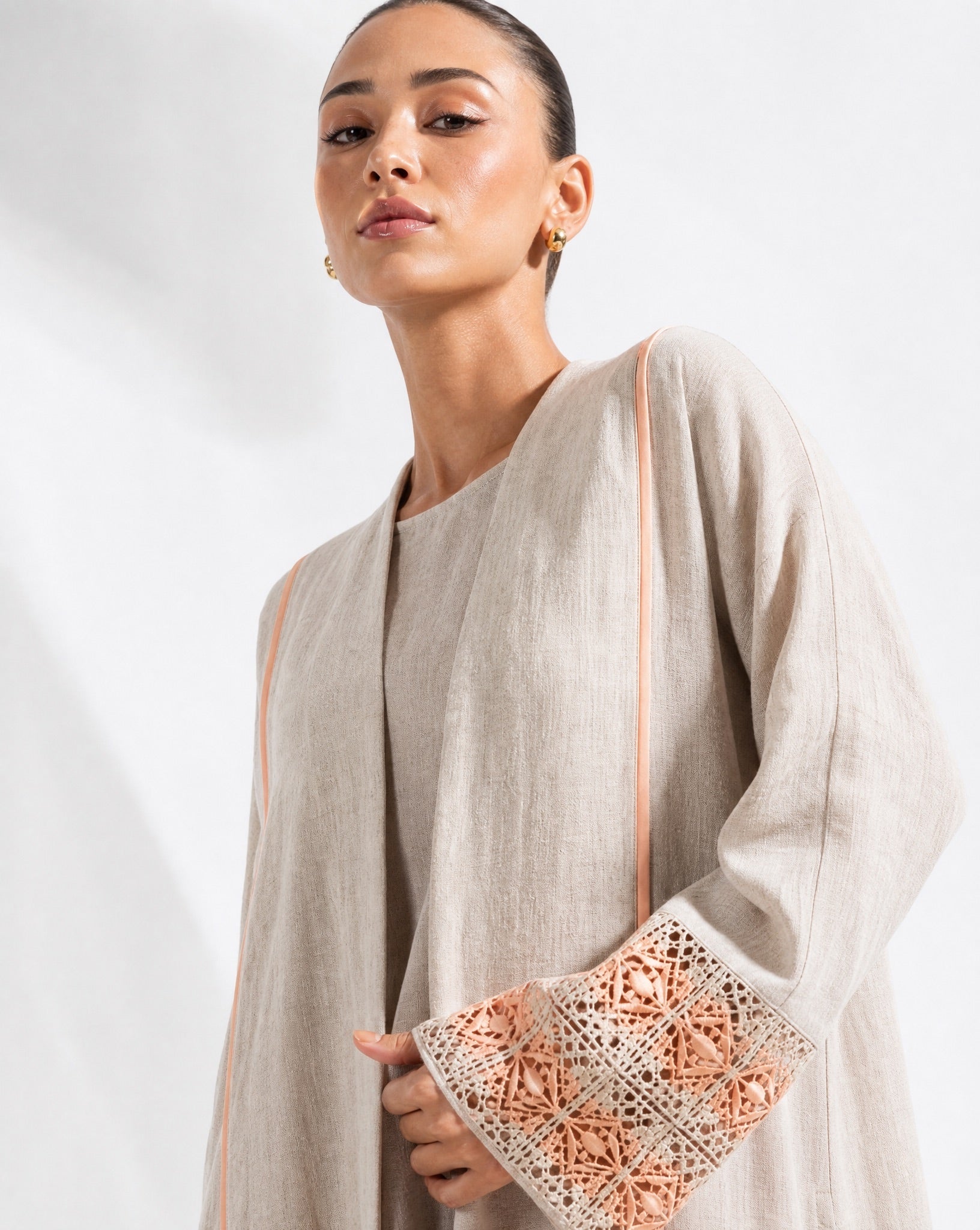 3399180-BG1 – Beige Linen Abaya - PEARL COLLECTION - MIRA Y MANO
