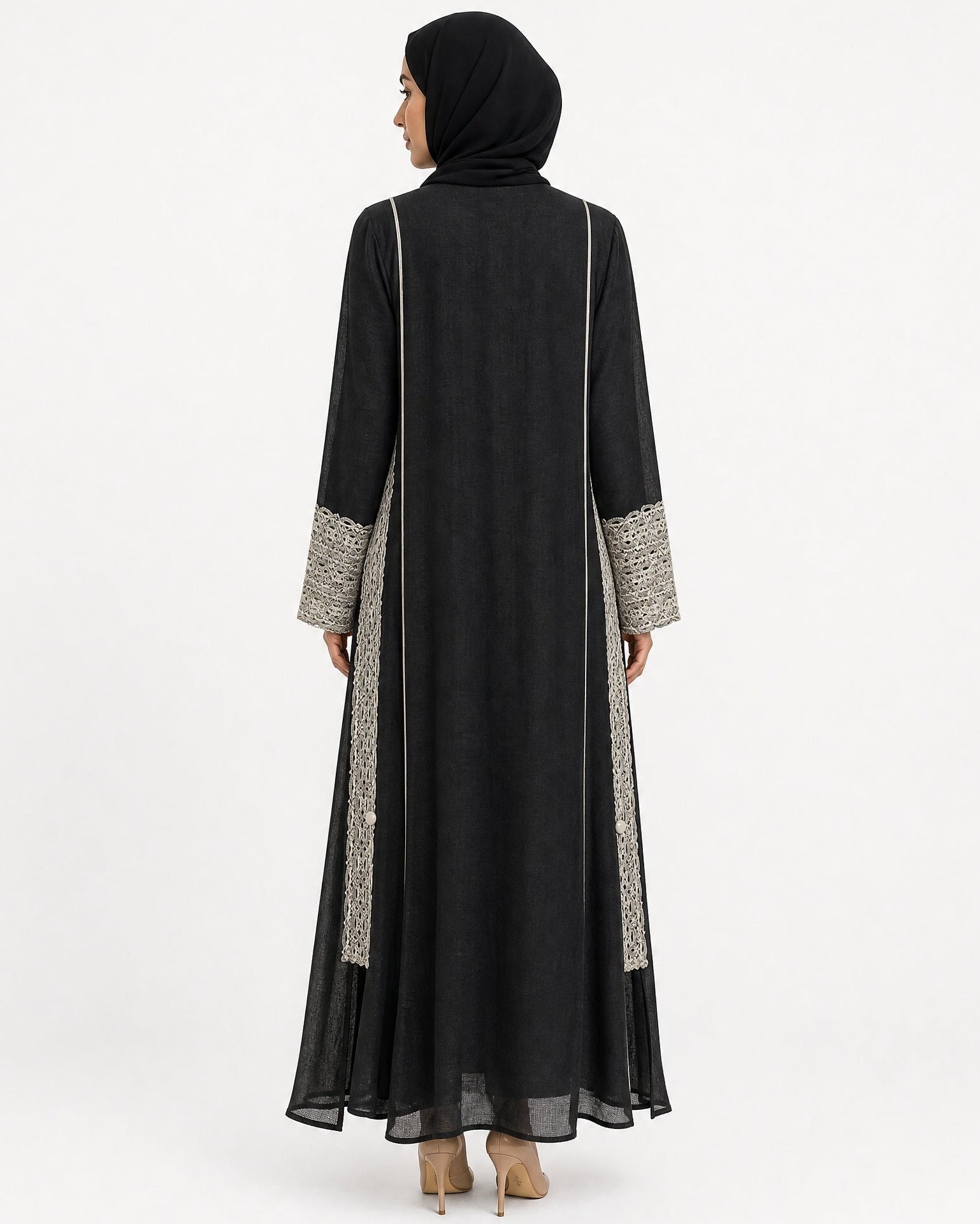 3399180-BK – Black Linen Abaya - PEARL COLLECTION - MIRA Y MANO
