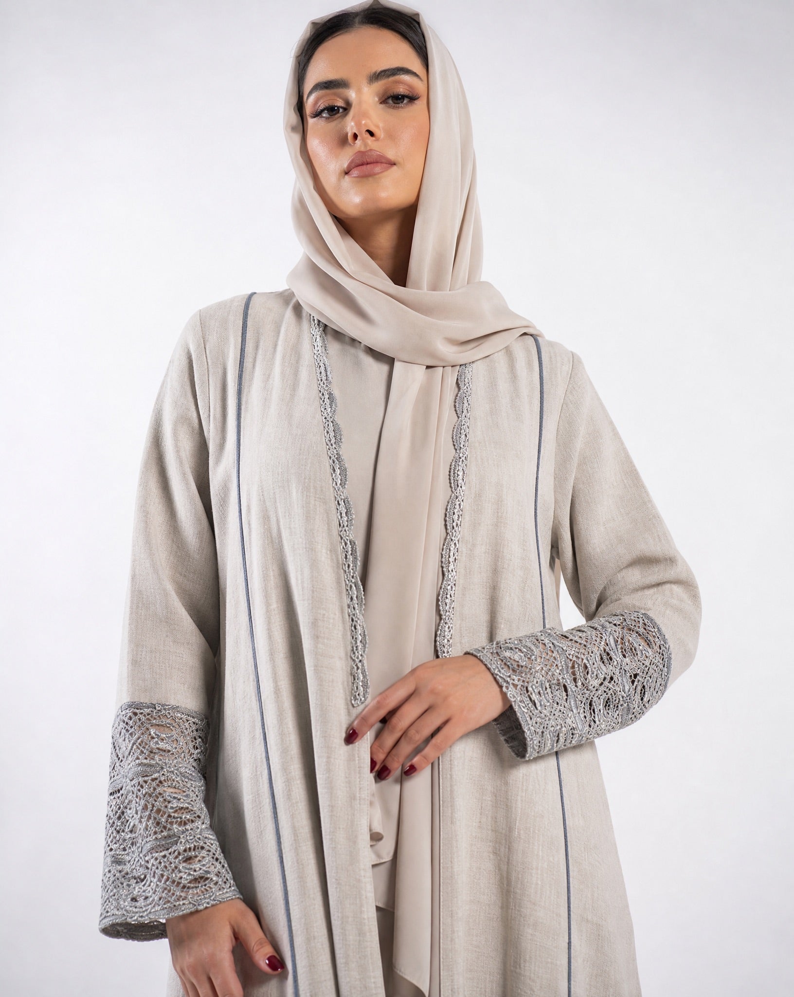 33991801-BE – Beige Linen Abaya - PEARL COLLECTION - MIRA Y MANO