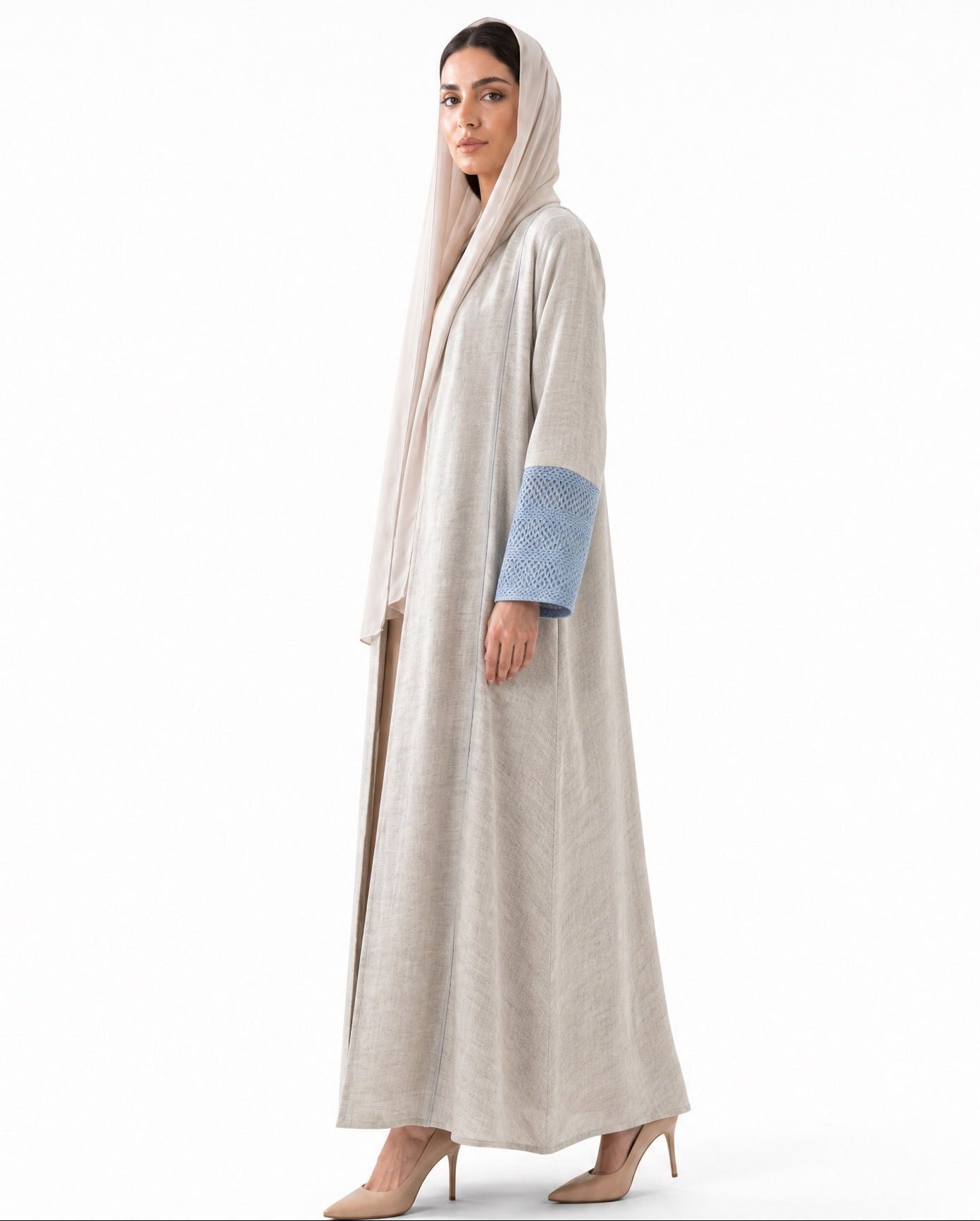 33991801-BL – Beige Linen Abaya - PEARL COLLECTION - MIRA Y MANO