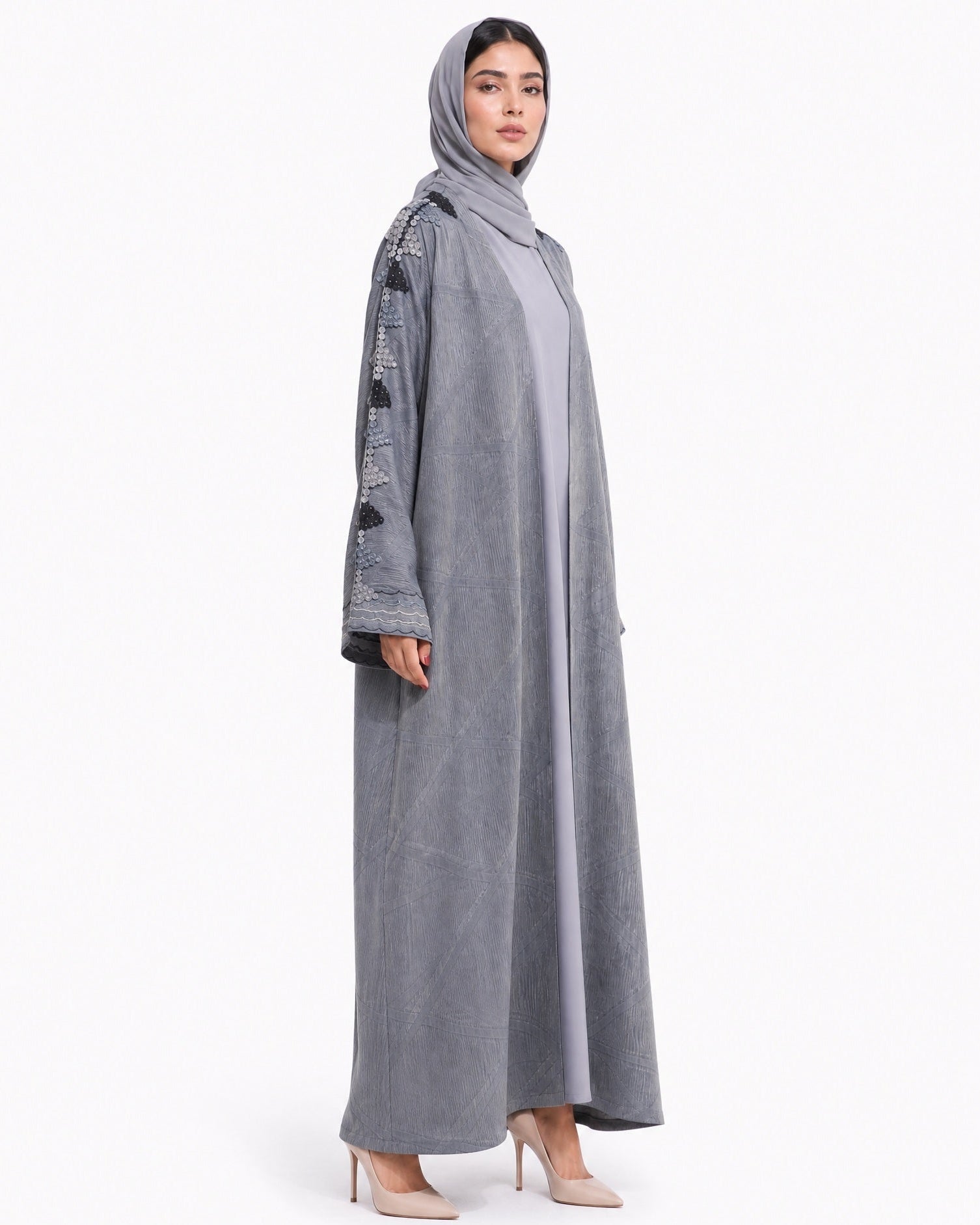 340085-G – Dark Gray Washed Silk Abaya - PEARL COLLECTION - MIRA Y MANO
