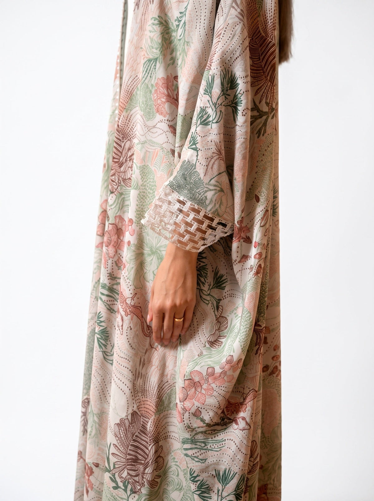 340090-DSG - Dark Sea Green Linen Abaya - PEARL COLLECTION - MIRA Y MANO