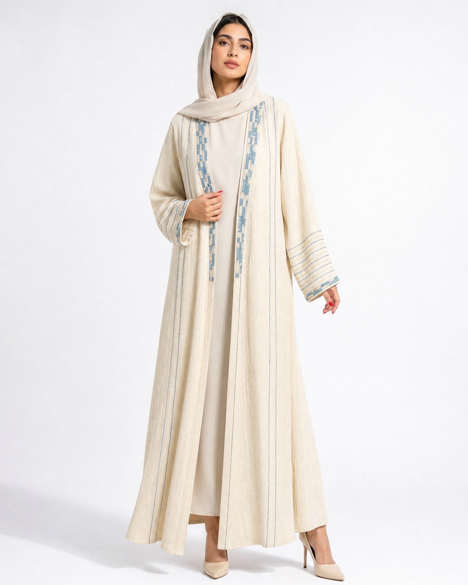 340103-B - Beige Linen Abaya - PEARL COLLECTION - MIRA Y MANO