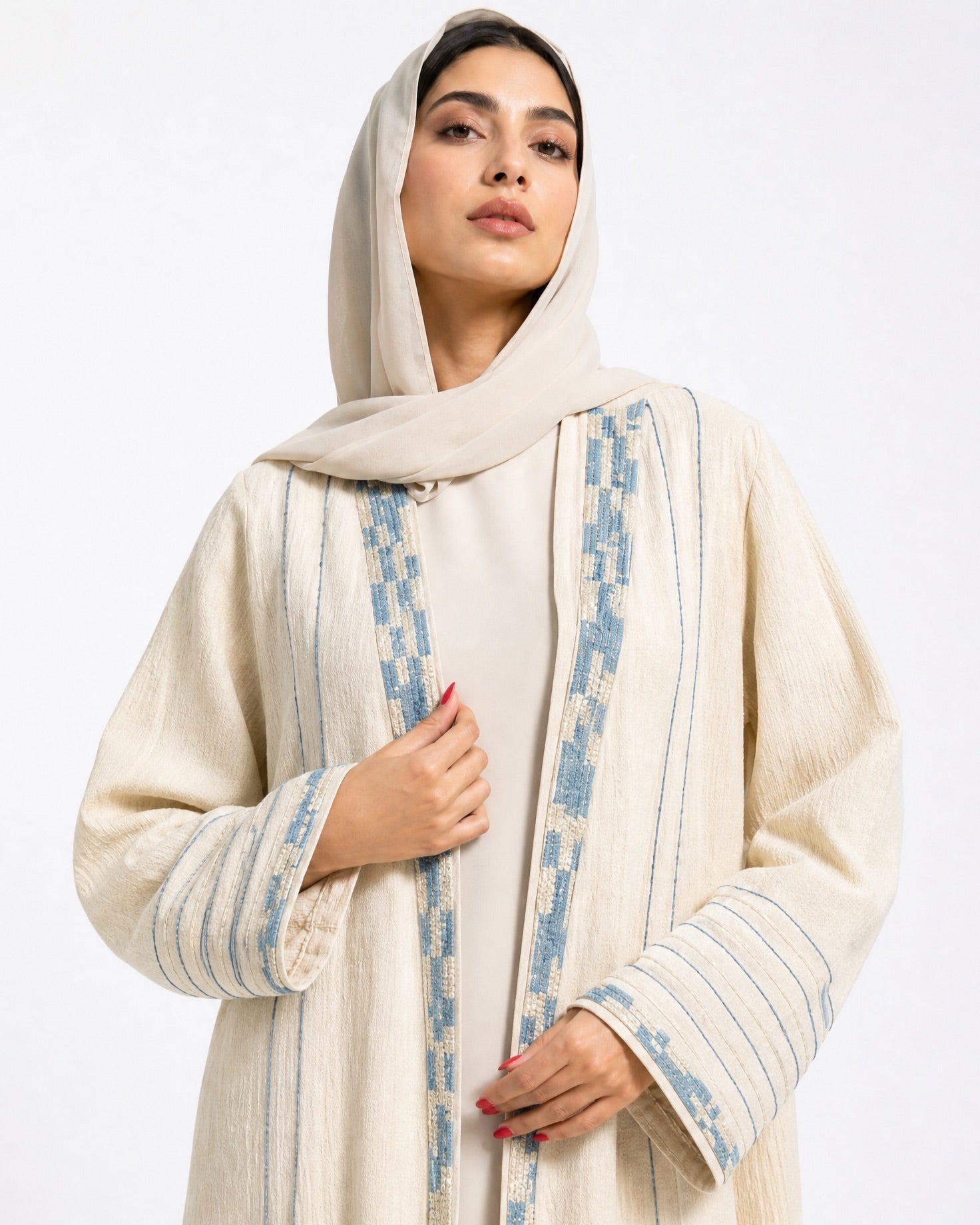340103-B - Beige Linen Abaya - PEARL COLLECTION - MIRA Y MANO