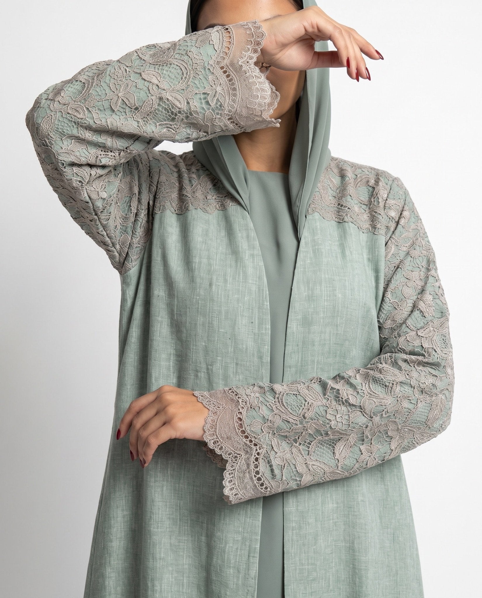 340132-A – Dark Sea Green Linen Abaya - PEARL COLLECTION - MIRA Y MANO