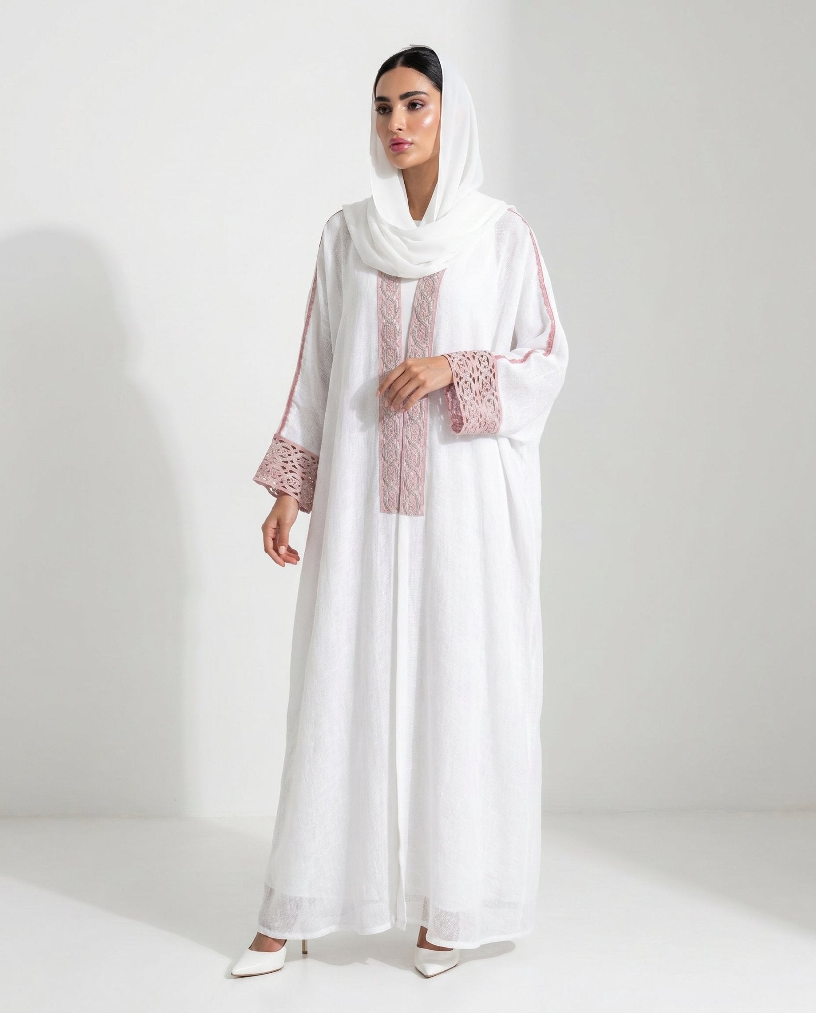 340133-IV - Ivory Linen Abaya - PEARL COLLECTION - MIRA Y MANO