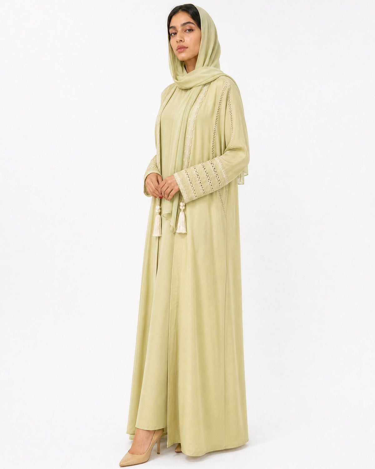 340140 – Yellow Green Silk Abaya - PEARL COLLECTION - MIRA Y MANO