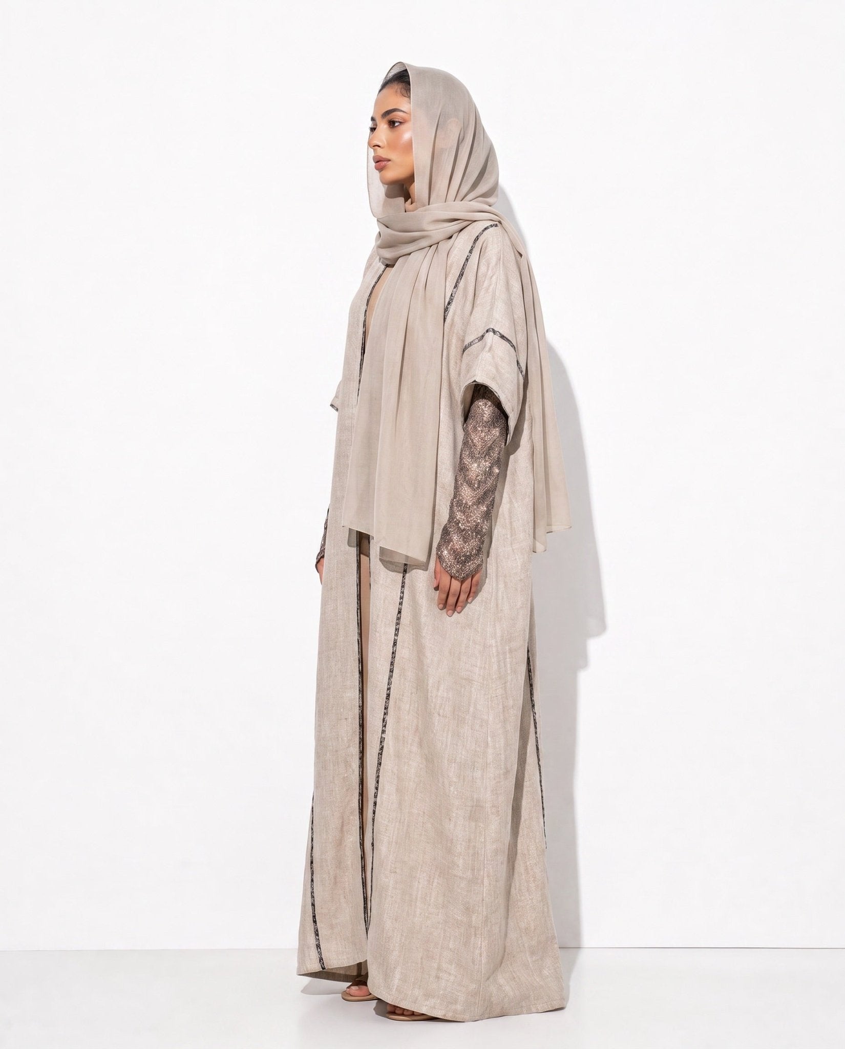 780032-BE - Beige Linen Abaya - PEARL COLLECTION - MIRA Y MANO