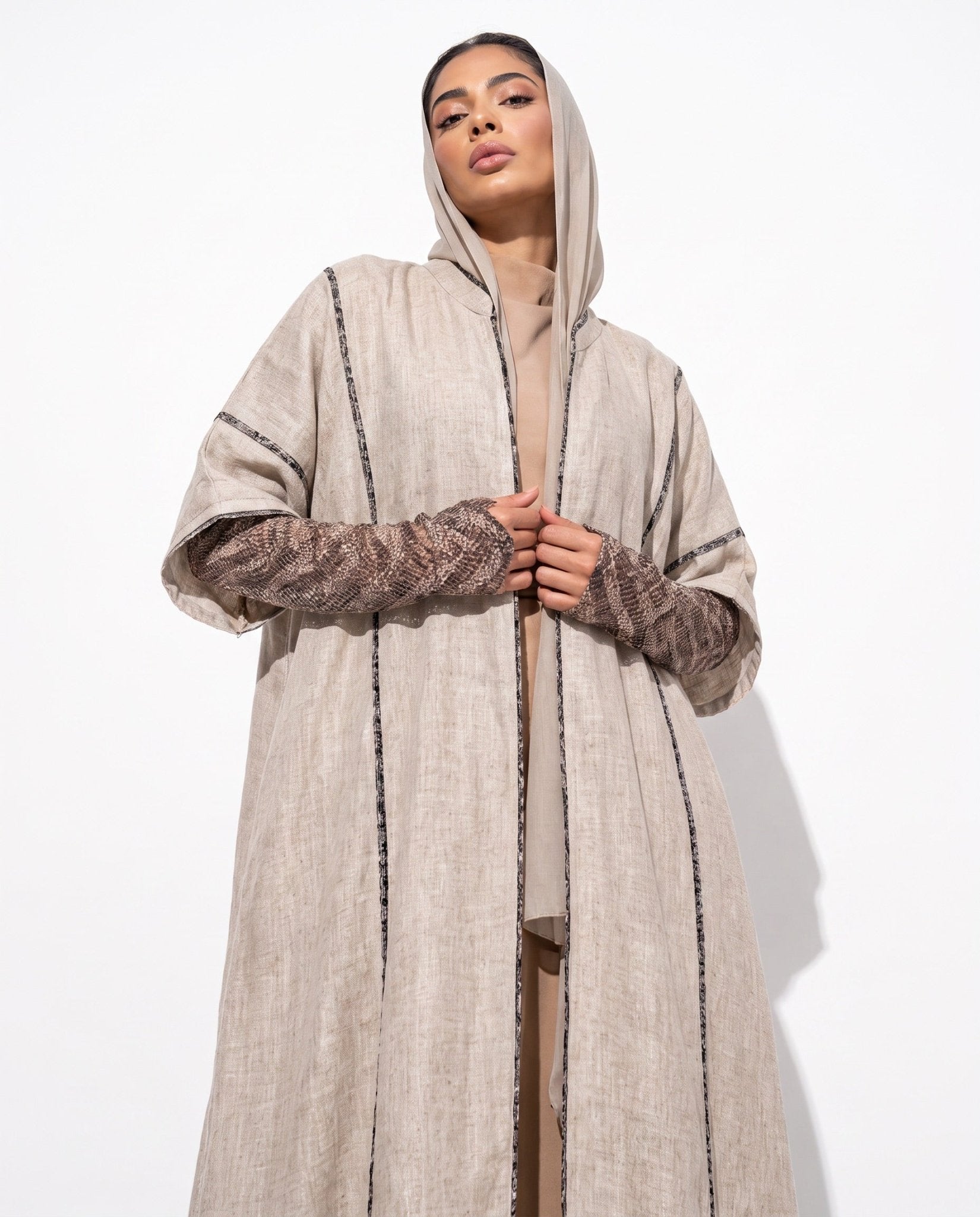 780032-BE - Beige Linen Abaya - PEARL COLLECTION - MIRA Y MANO