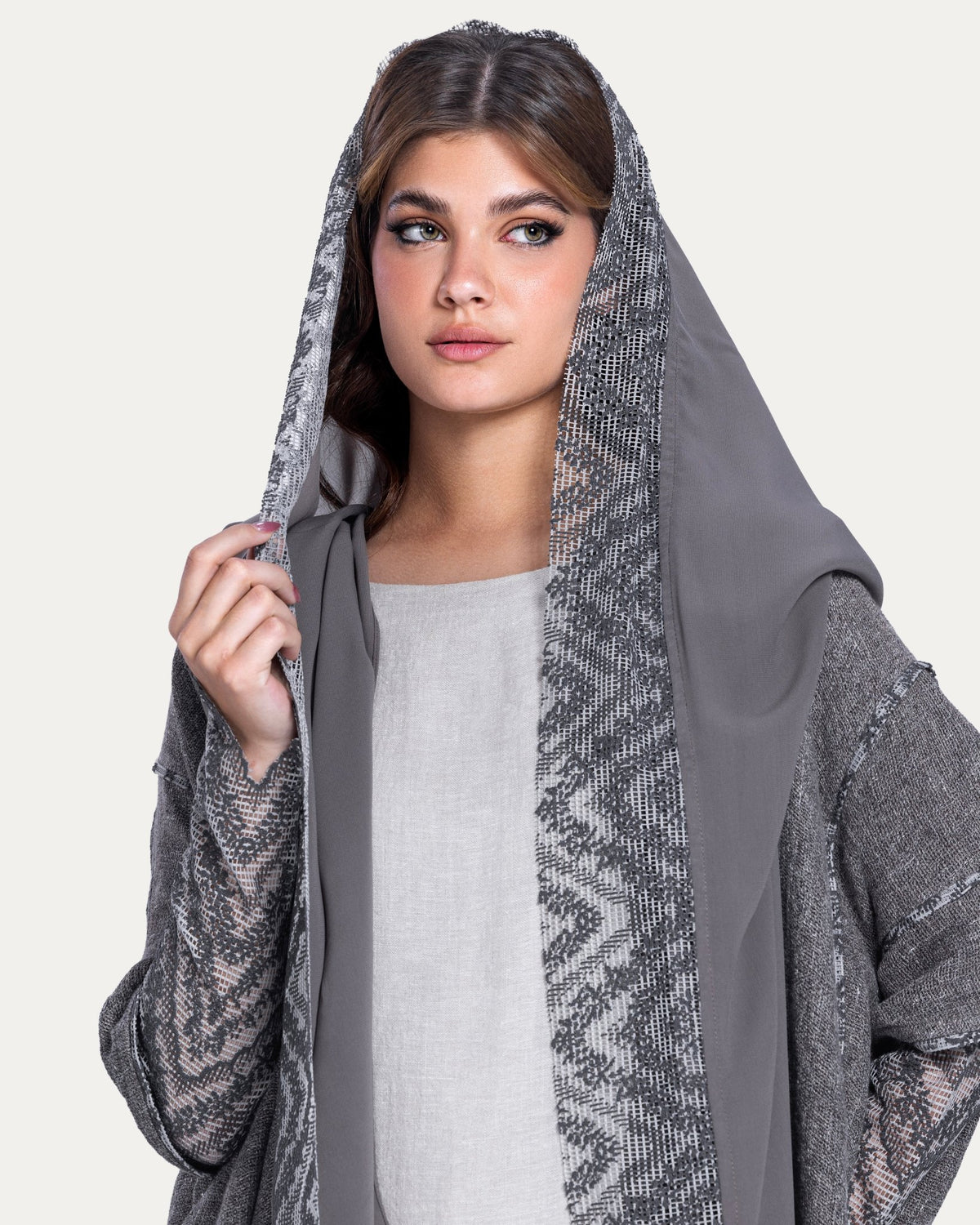 780032-GR - Gray Linen Abaya - PEARL COLLECTION - MIRA Y MANO