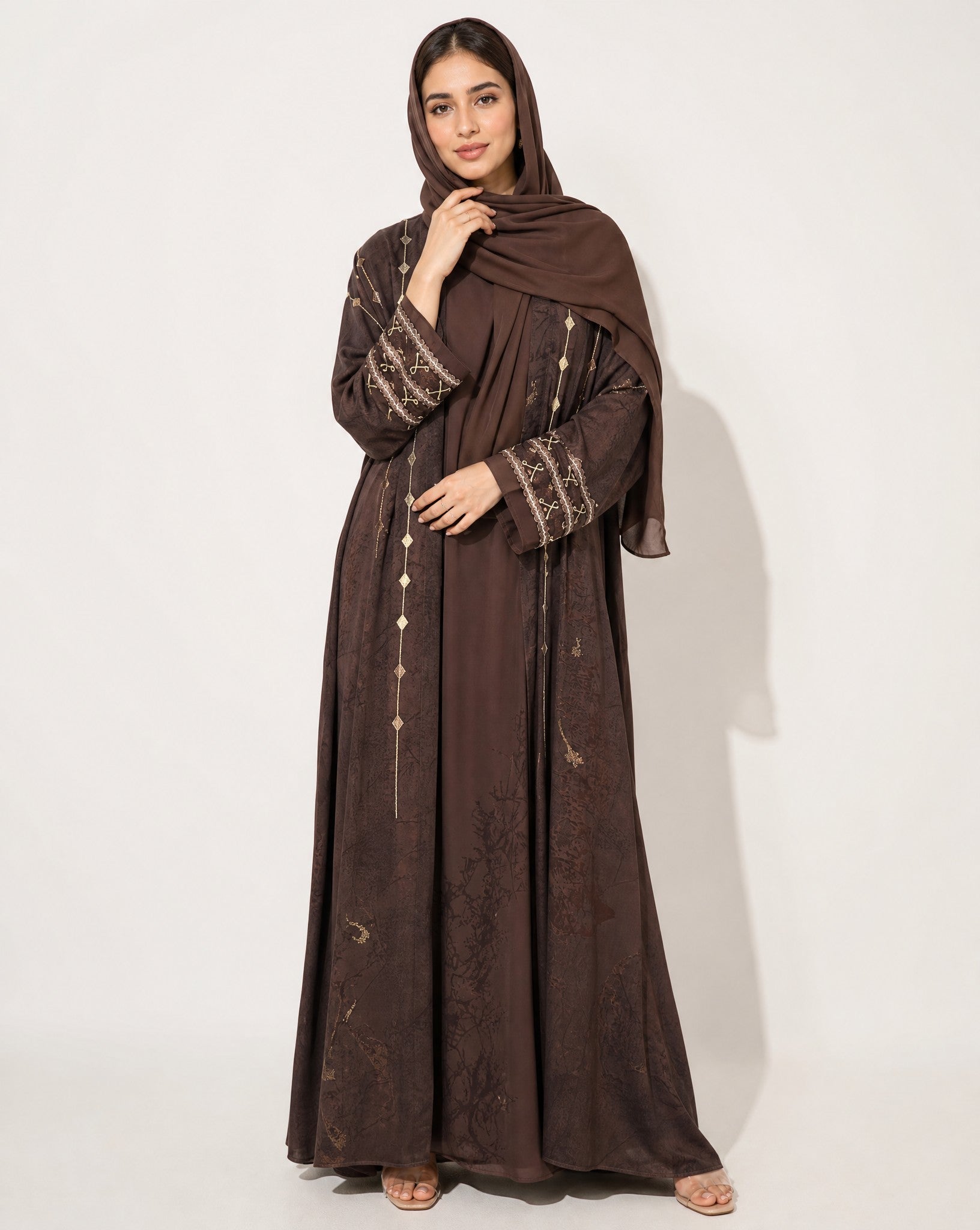 PEC 340096-BR - Brown Washed Silk Abaya - PEARL COLLECTION - MIRA Y MANO