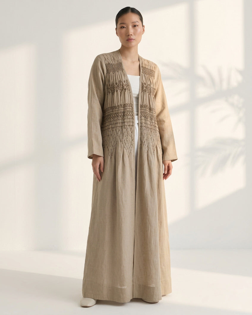 SMOCKED IN BEIGE ABAYA - PRIVILEGE OFFICIAL - MIRA Y MANO