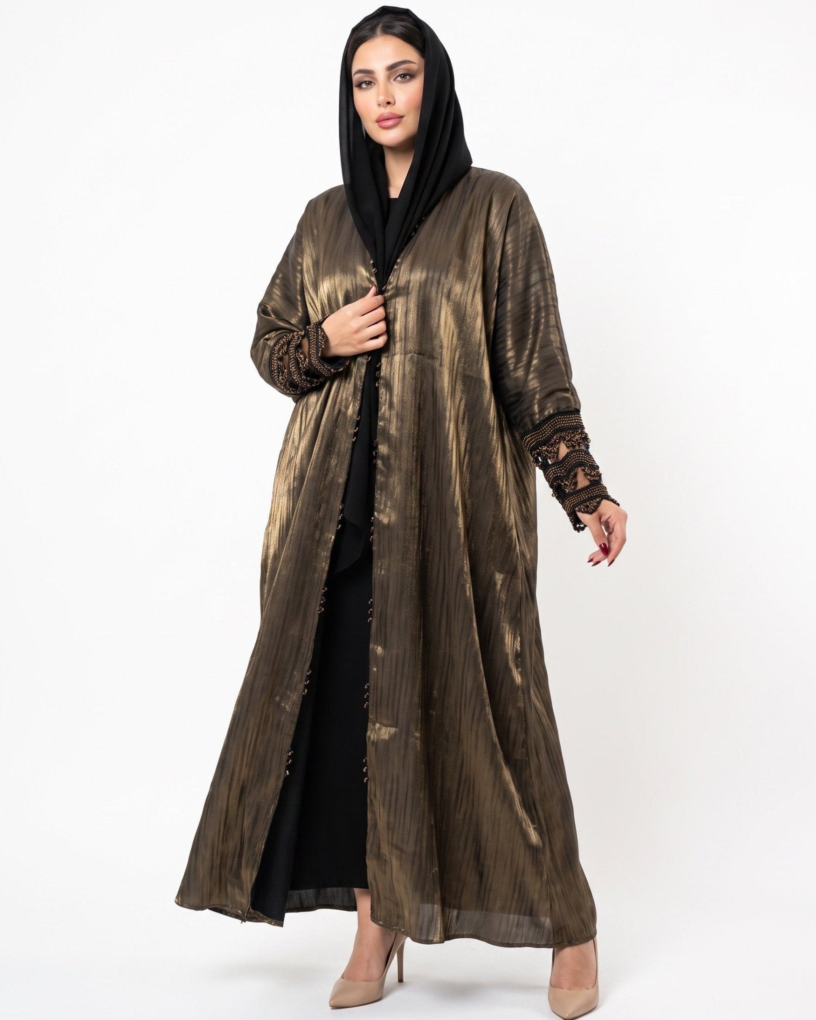 QA24 – Dark Goldenrod Chiffon Abaya - QATARIA ABAYA - MIRA Y MANO