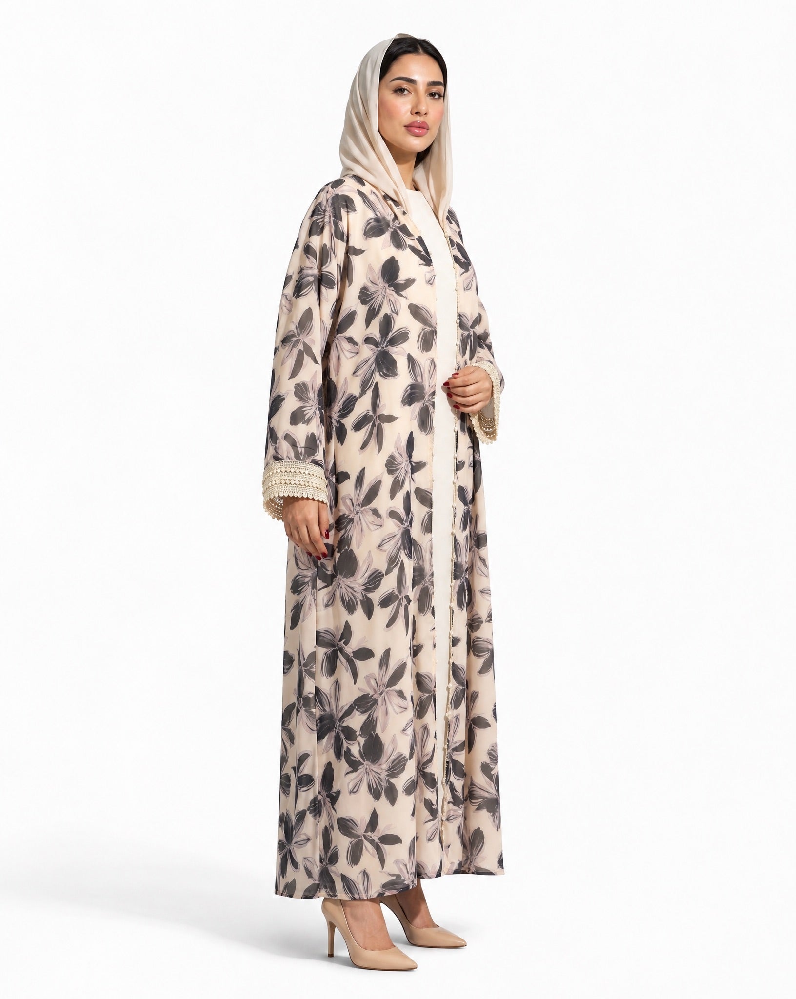 QM2608 – Beige Chiffon Abaya - QATARIA ABAYA - MIRA Y MANO