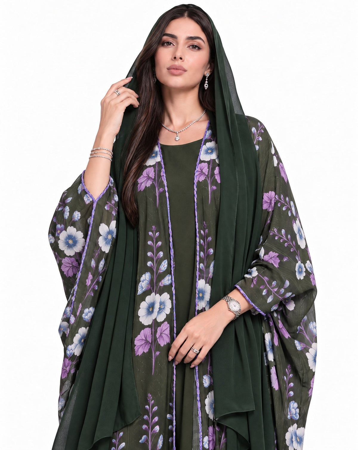 QTR QM07 - Dark Green Chiffon Abaya - QATARIA ABAYA - MIRA Y MANO