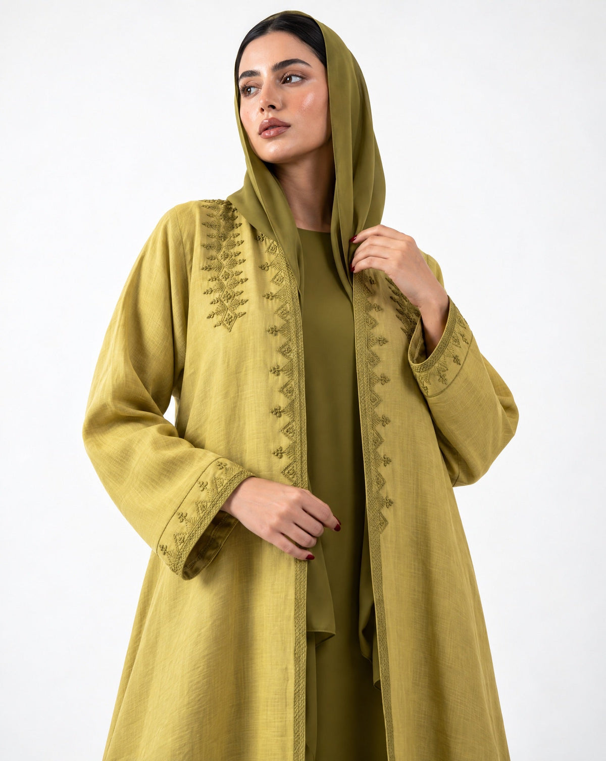 QA-114 – Olive Linen Abaya - QUARTIZ - MIRA Y MANO