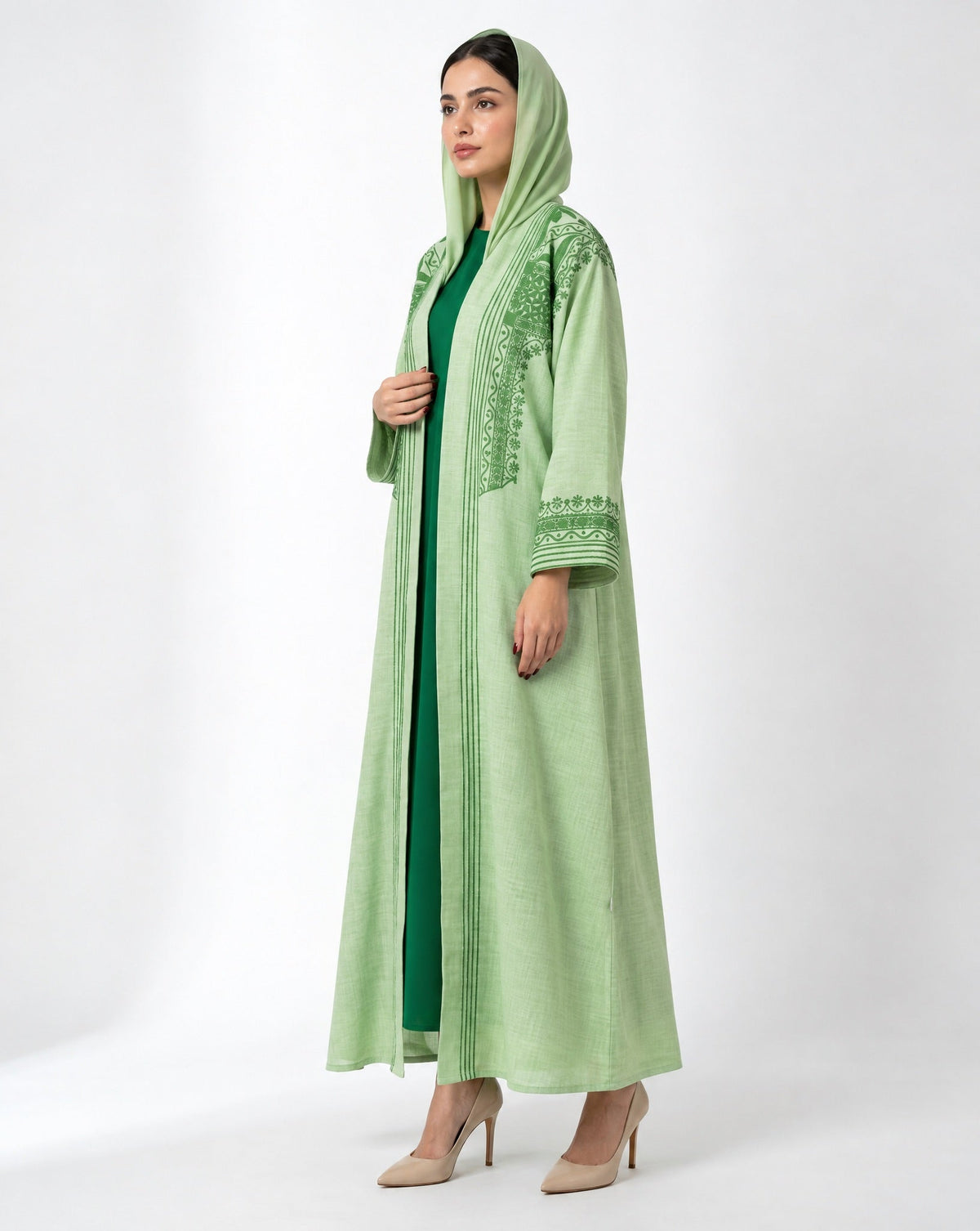 QA-117 – Light Green Linen Abaya - QUARTIZ - MIRA Y MANO
