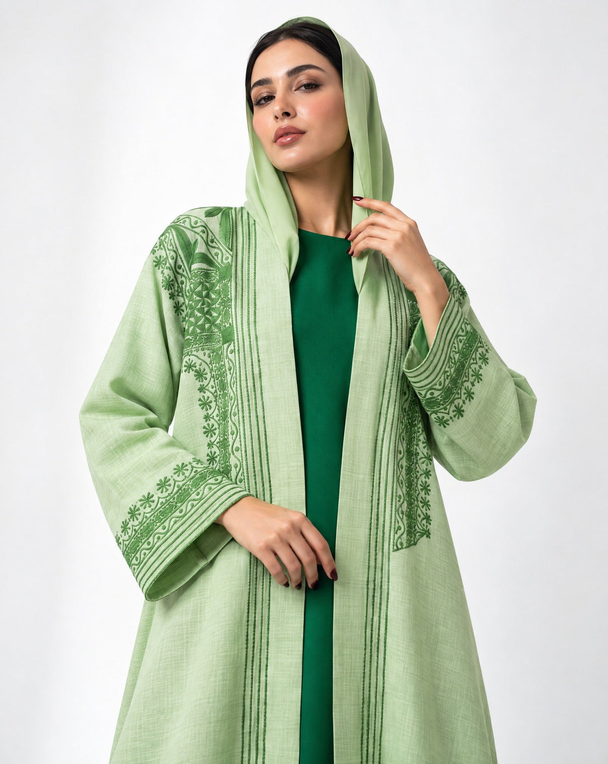 QA-117 – Light Green Linen Abaya - QUARTIZ - MIRA Y MANO