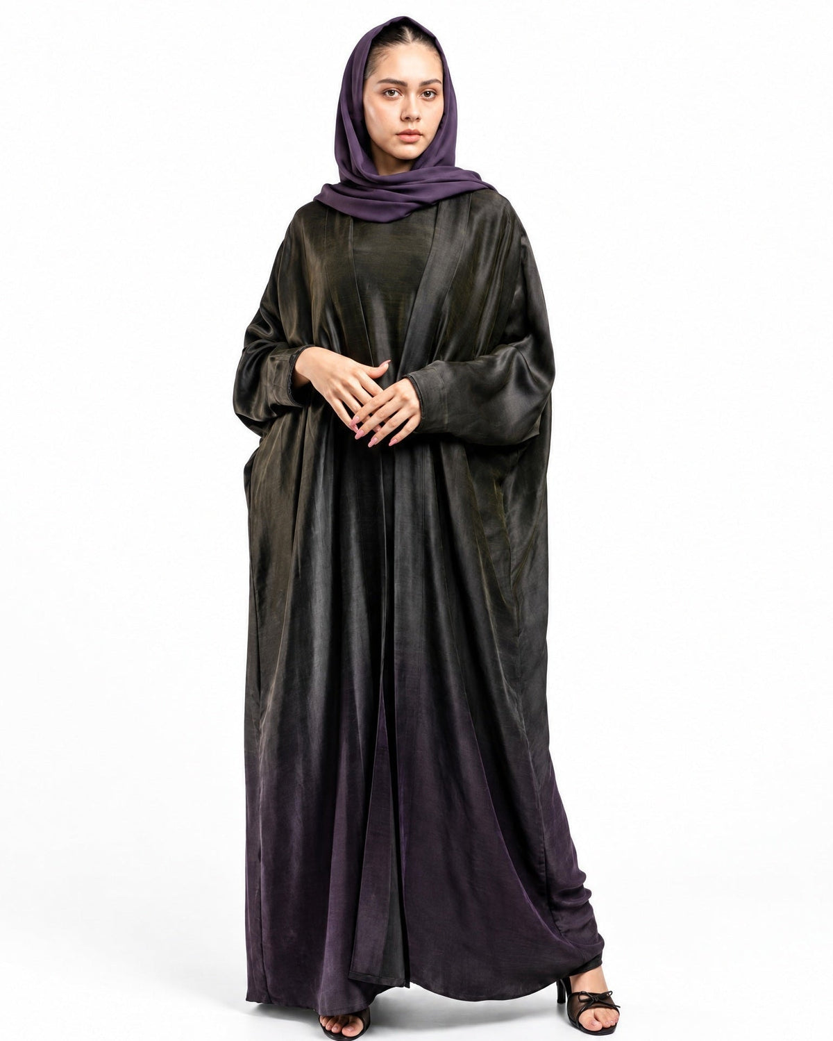 FW25R199-PR – Dark Olive Green Washed Silk Abaya - RIBBON - MIRA Y MANO