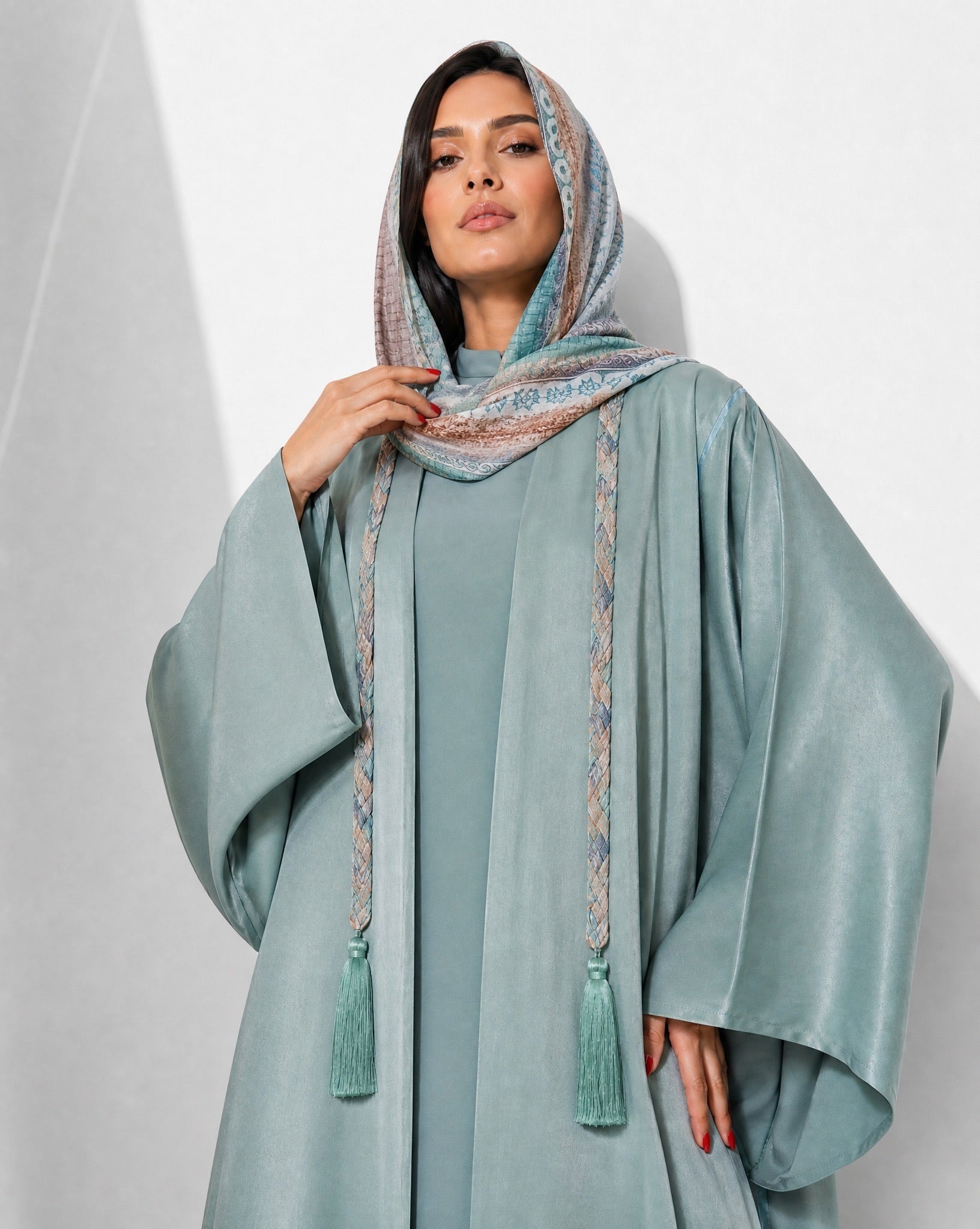 MALAK-PS – Cadet Blue Washed Silk Abaya - RIBBON - MIRA Y MANO