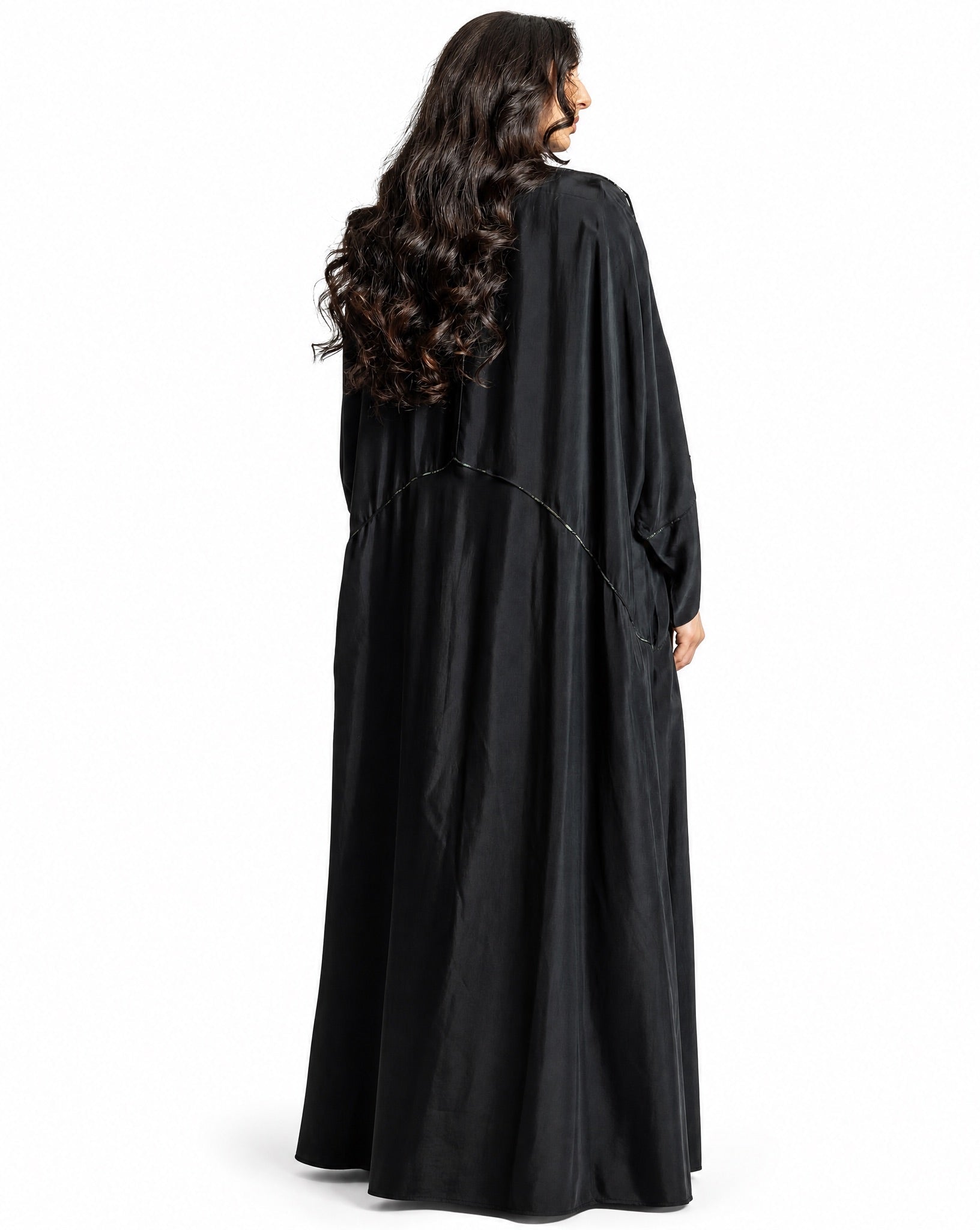 SS25R011-BG – Black Washed Silk Abaya - RIBBON - MIRA Y MANO